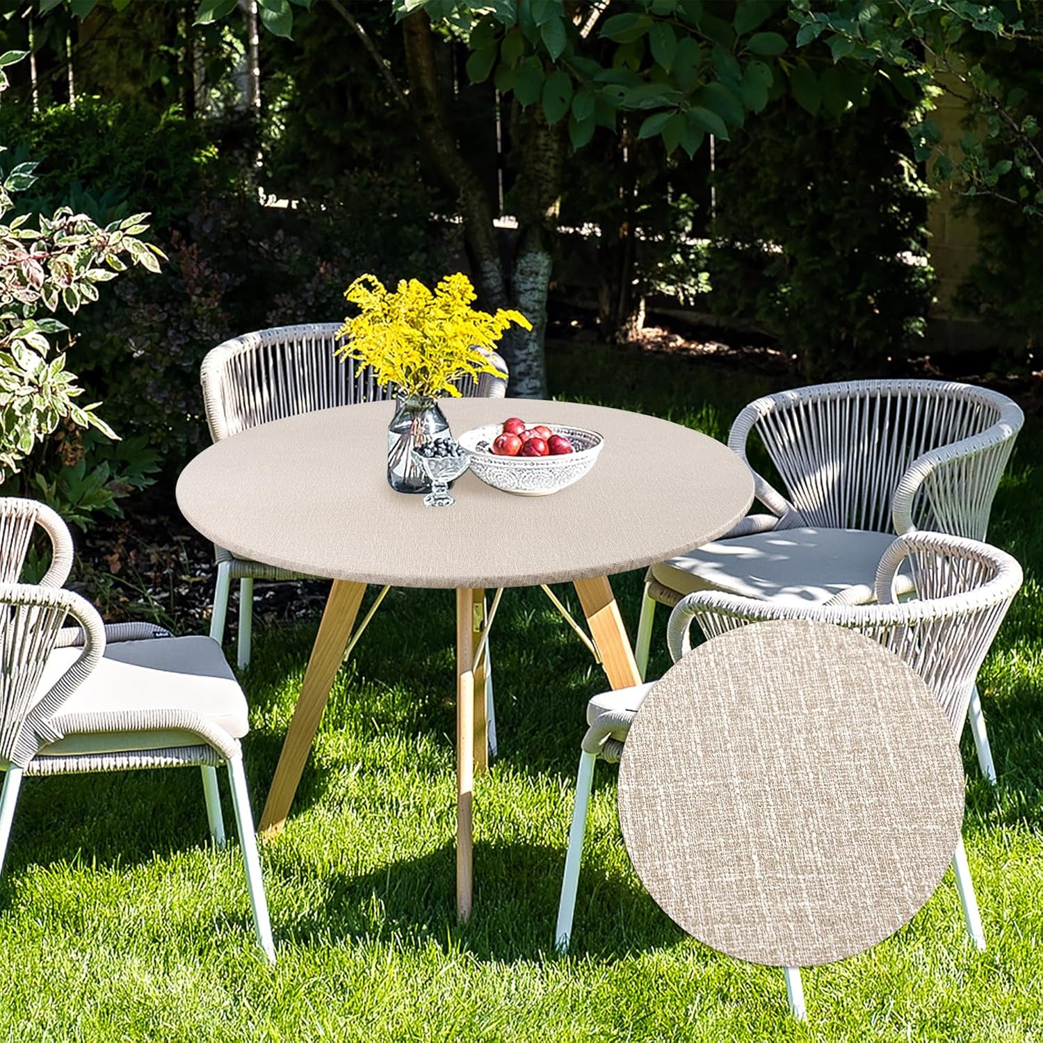 2-Pack Faux Linen Round Table Covers with Flannel Backing, Waterproof Vinyl Fitted Elastic Tablecloths for Picnics, Parties, and Indoor Dining (Fits 45"-56" Round Tables)