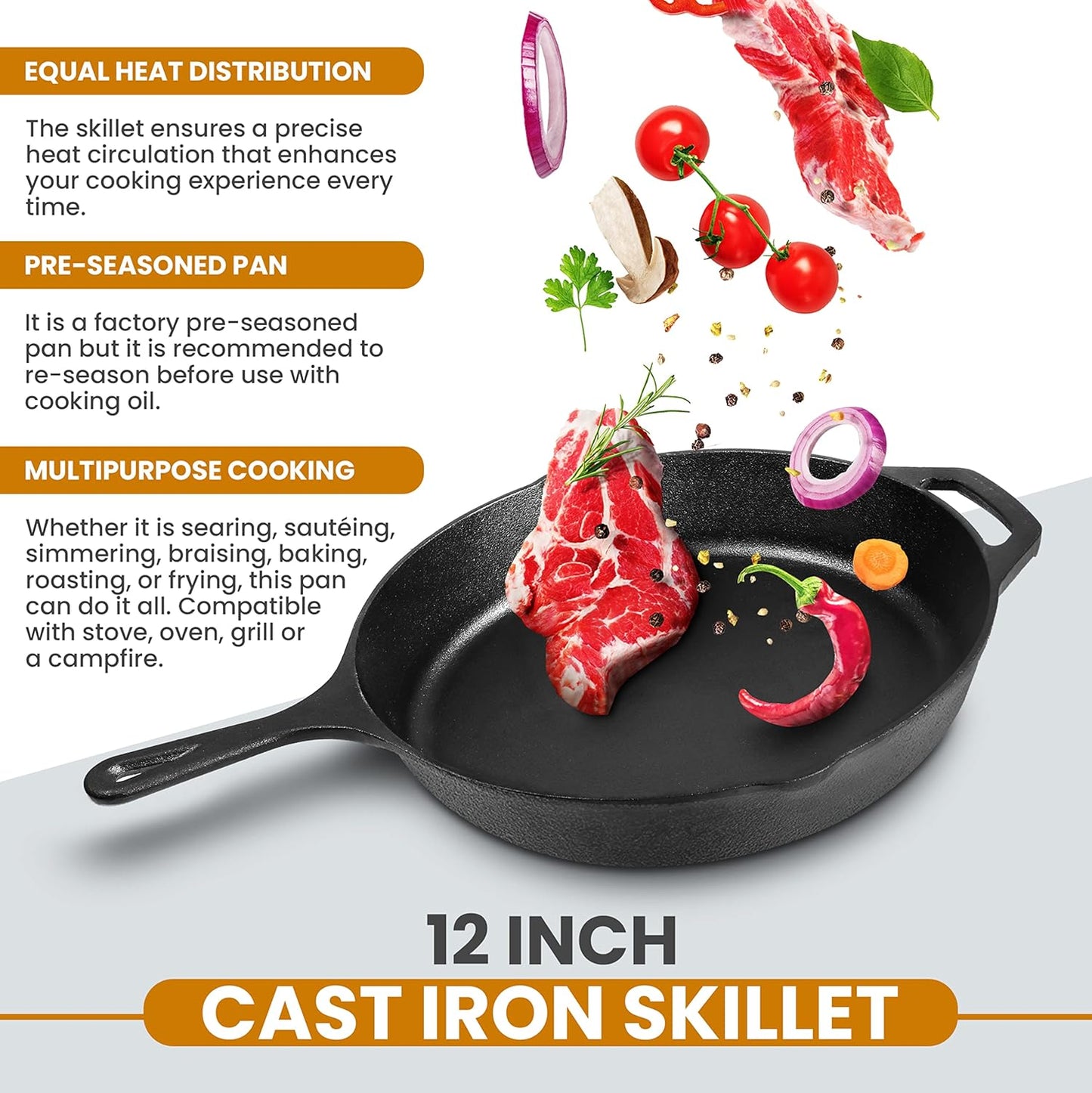 Saute Frying Pan 12 Inch, Cast Iron Chefs Pan, Pre Seasoned Cast Iron Skillet with Lid, Safe Grill Cookware for Indoor & Outdoor Use, Black