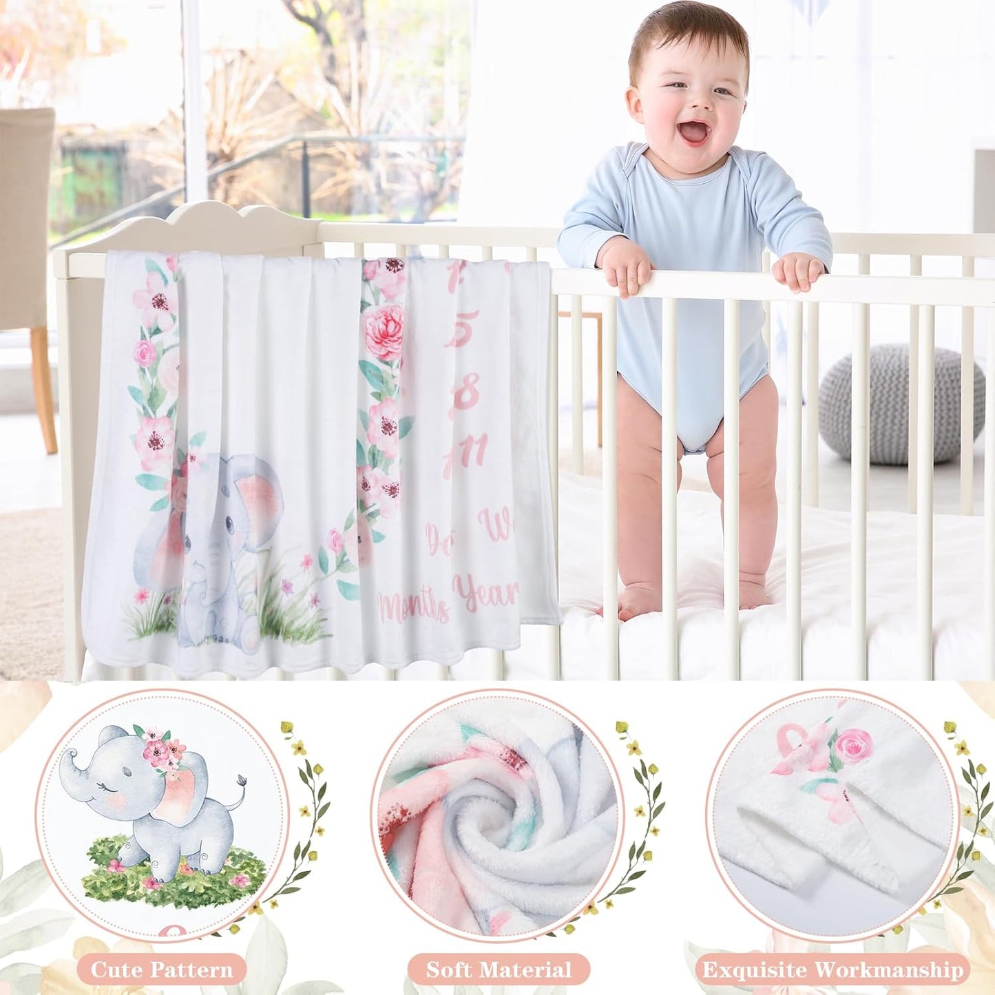 Baby Milestone Blanket Monthly Milestone Blankets for Baby Girls Newborn Baby Blankets Photography Background Fleece Blankets with Wooden Signs, Frames, Bow Headband 50X39 Inches