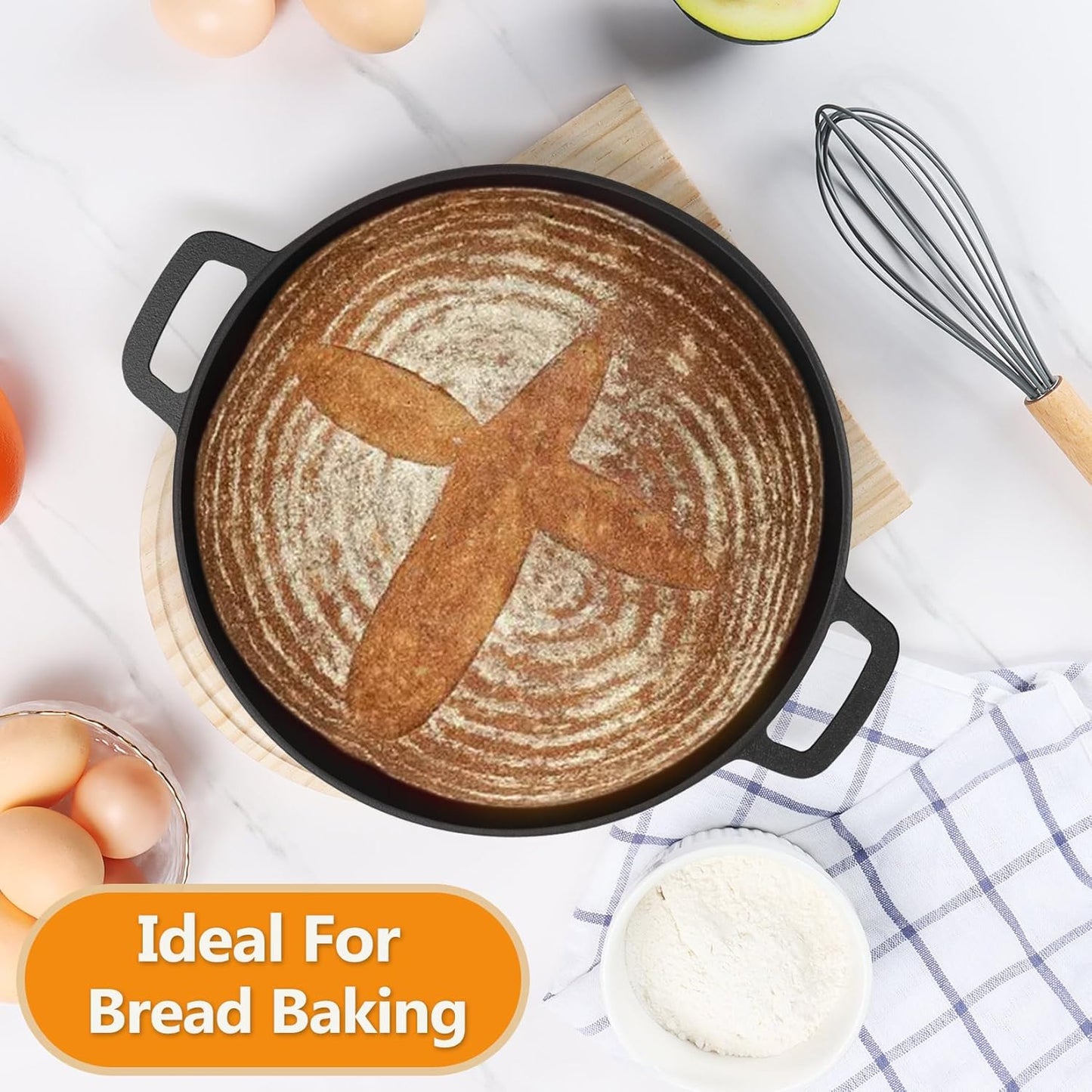 5Qt Dutch Oven Pot for Bread Baking (Black), 2 in 1 round Cast Iron Dutch Oven with Lid Set, Skillet & Pot for Roasting Braising Stewing Frying Simmering, Multi Stoves & Oven Safe