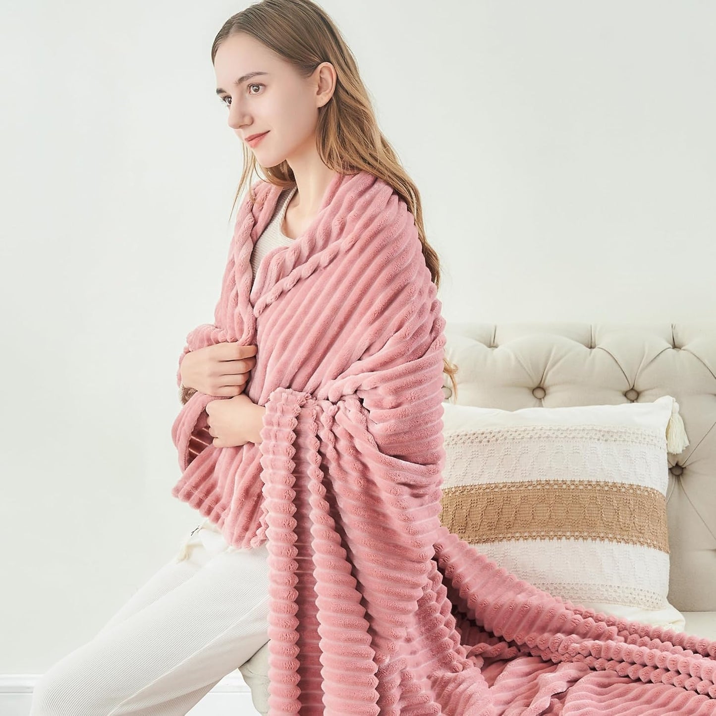Fleece Throw Blanket for Couch – 3D Ribbed Jacquard Soft and Warm Decorative Fuzzy Blanket – Cozy, Fluffy, Plush Lightweight Pink Throw Blankets for Bed, Sofa, 50X60 Inches