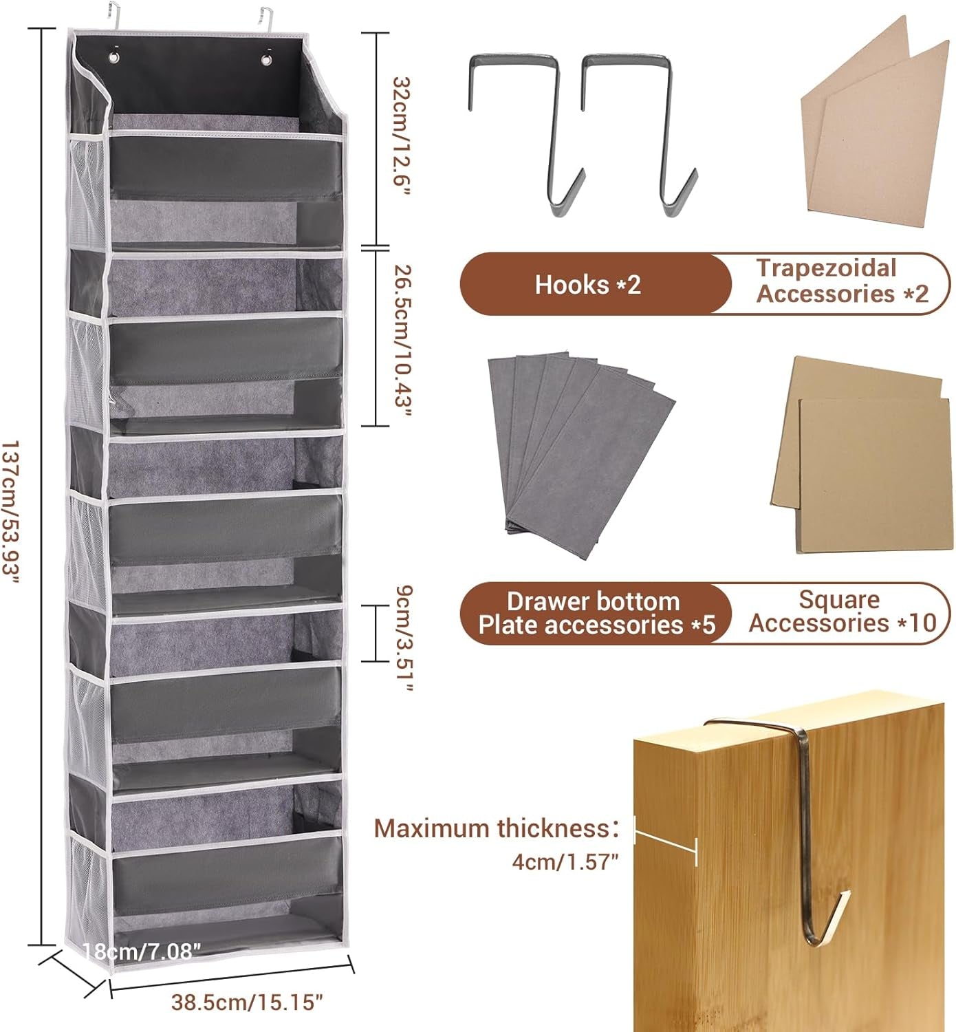 over the Door Organizers, 5-Shelf Door Storage for Bathroom, Dorm, College, Baby Organizer for Diapers 1 Pack, Grey