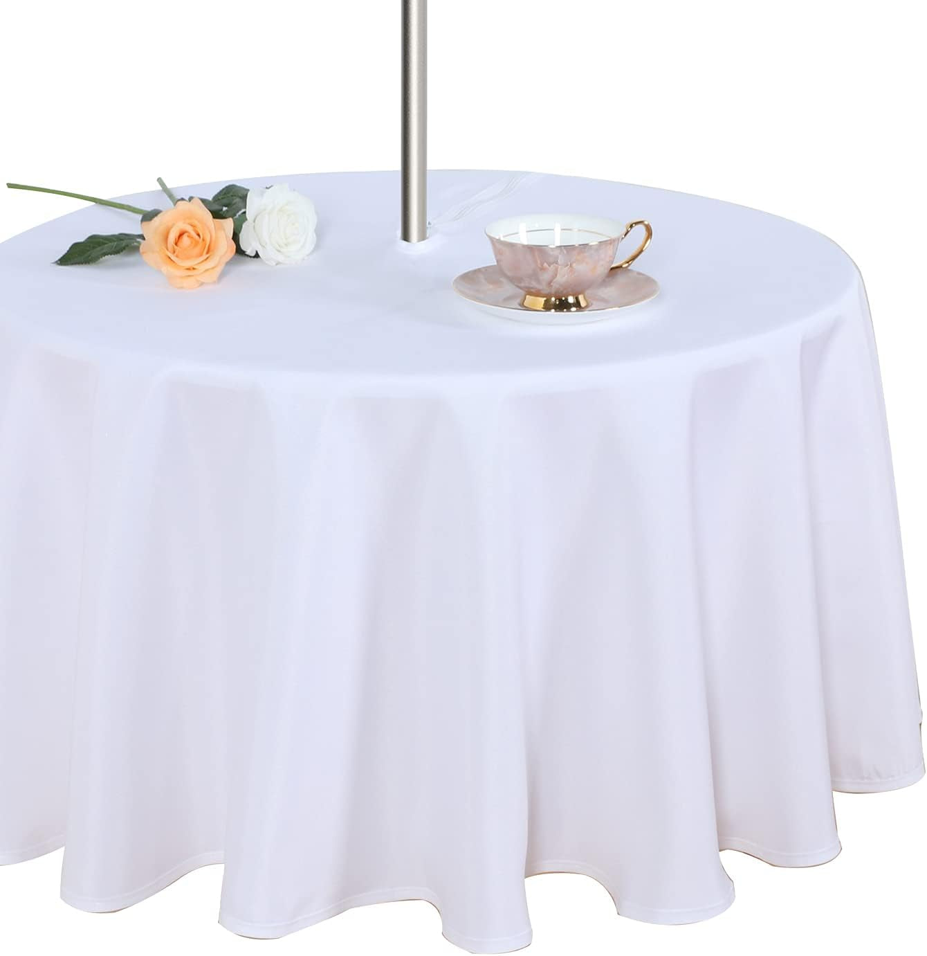 Outdoor and Indoor Table Cover - Washable, Waterproof, Wrinkle-Free Tablecloth with Zipper and Umbrella Hole for Spring/Summer Events, Picnics, BBQs, and Patios - White, 60" Round