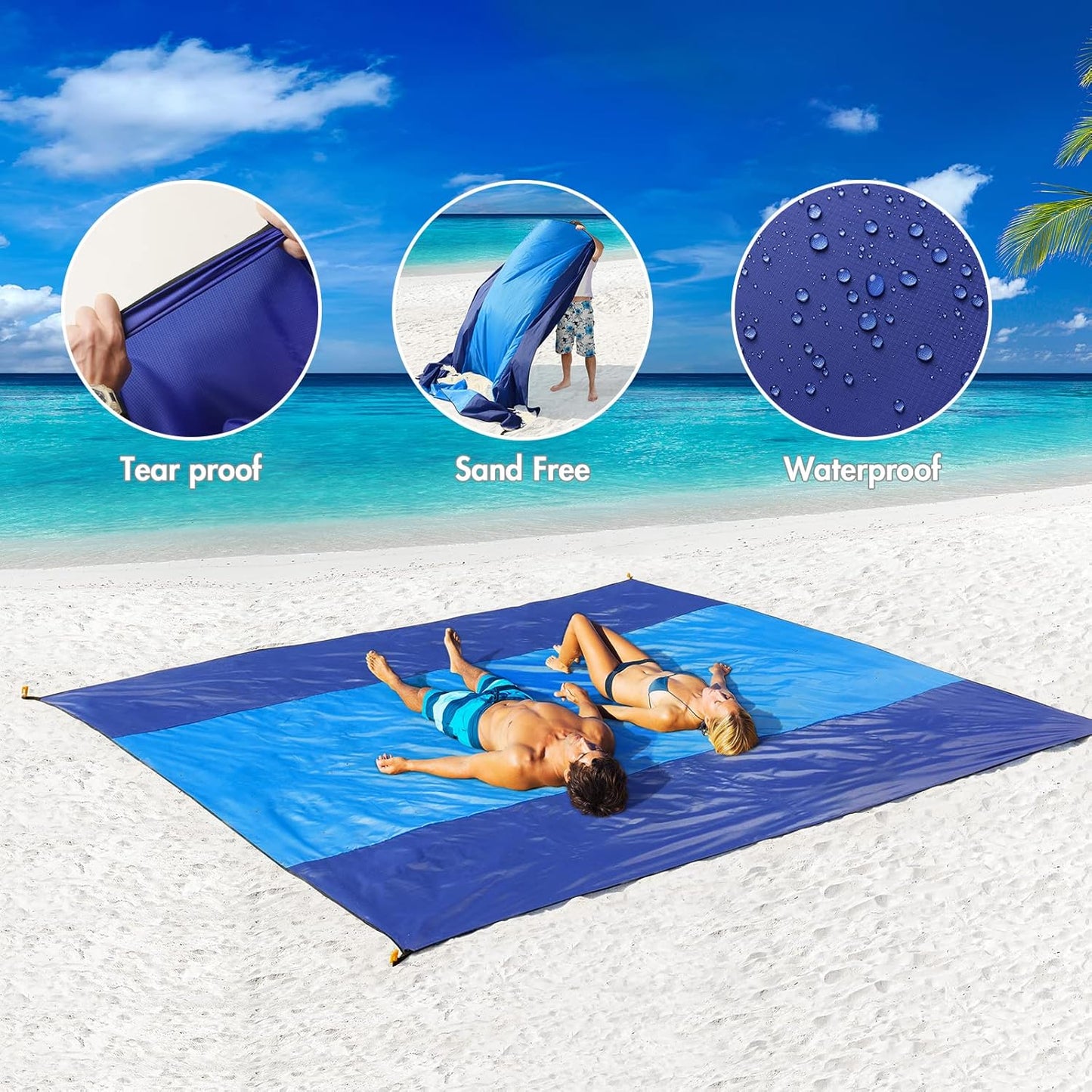 Beach Blanket Waterproof Sandproof, Extra Large 78" X 82" Beach Mat Oversized for 4-7 Adults, Portable Beach Accessories Lightweight Outdoor Blanket for Picnic, Travel, Camping, Hiking(Blue)