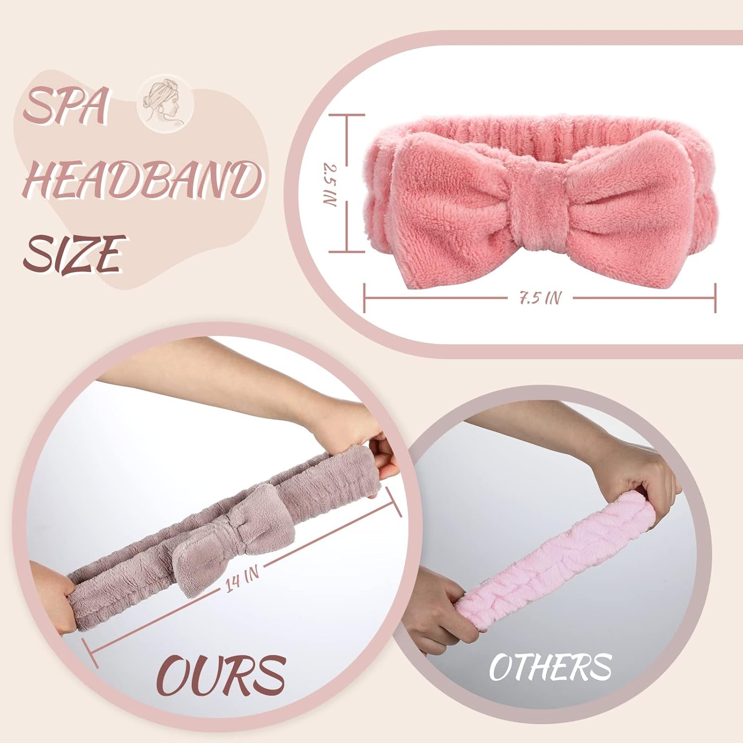 4 Pack Spa Headband for Washing Face, Girls Makeup Bow Tie Hair Band, Microfiber Women Headbands, Elastic Headband to Skincare, Gifts for Teen Girls- White, Brown, Rose Pink, Light Pink