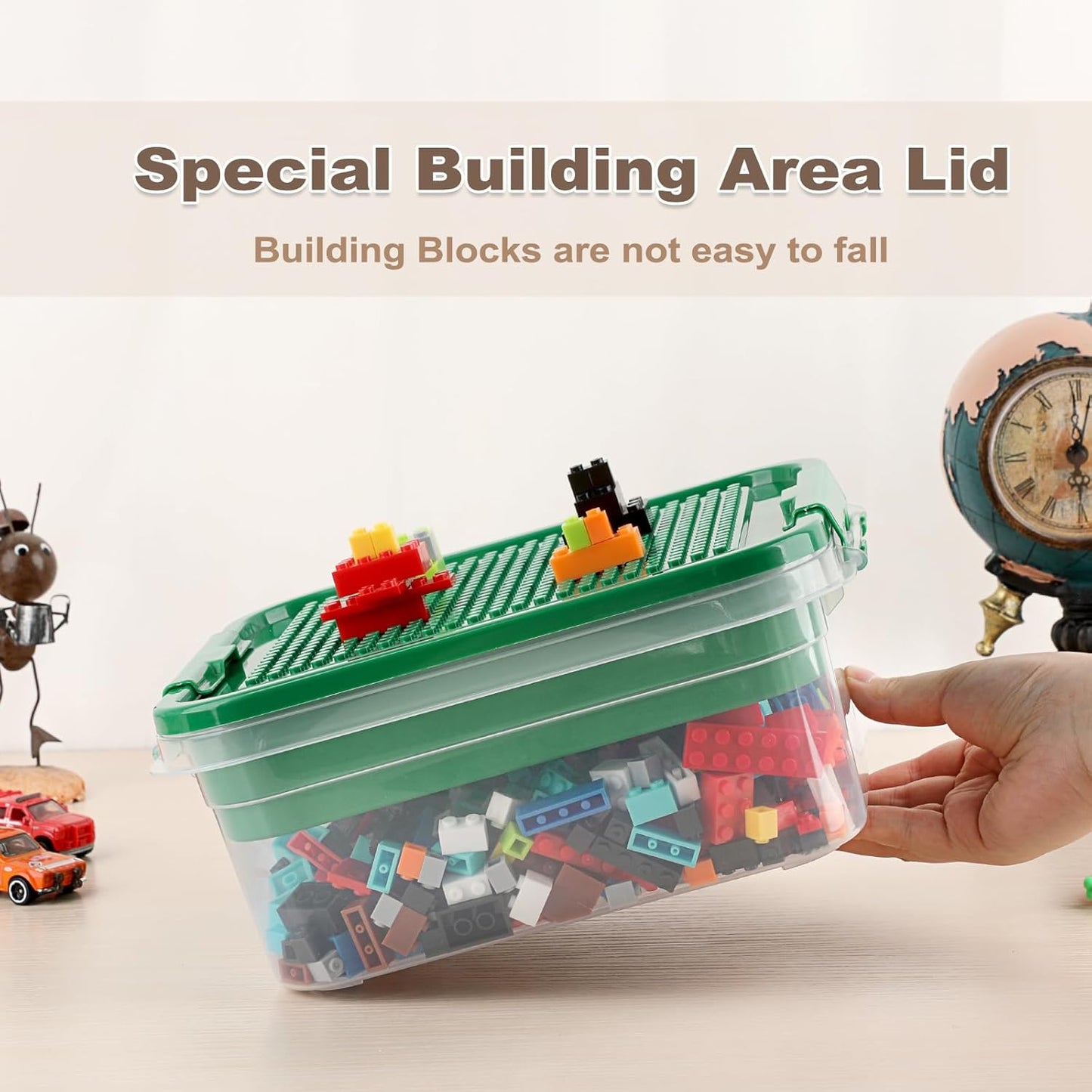 Plastic Storage Container with Brick Baseplate Lid for Building Blocks, Compartmentalized Organizer Tray, Stackable Storage Box for Building Block Collection (Green)