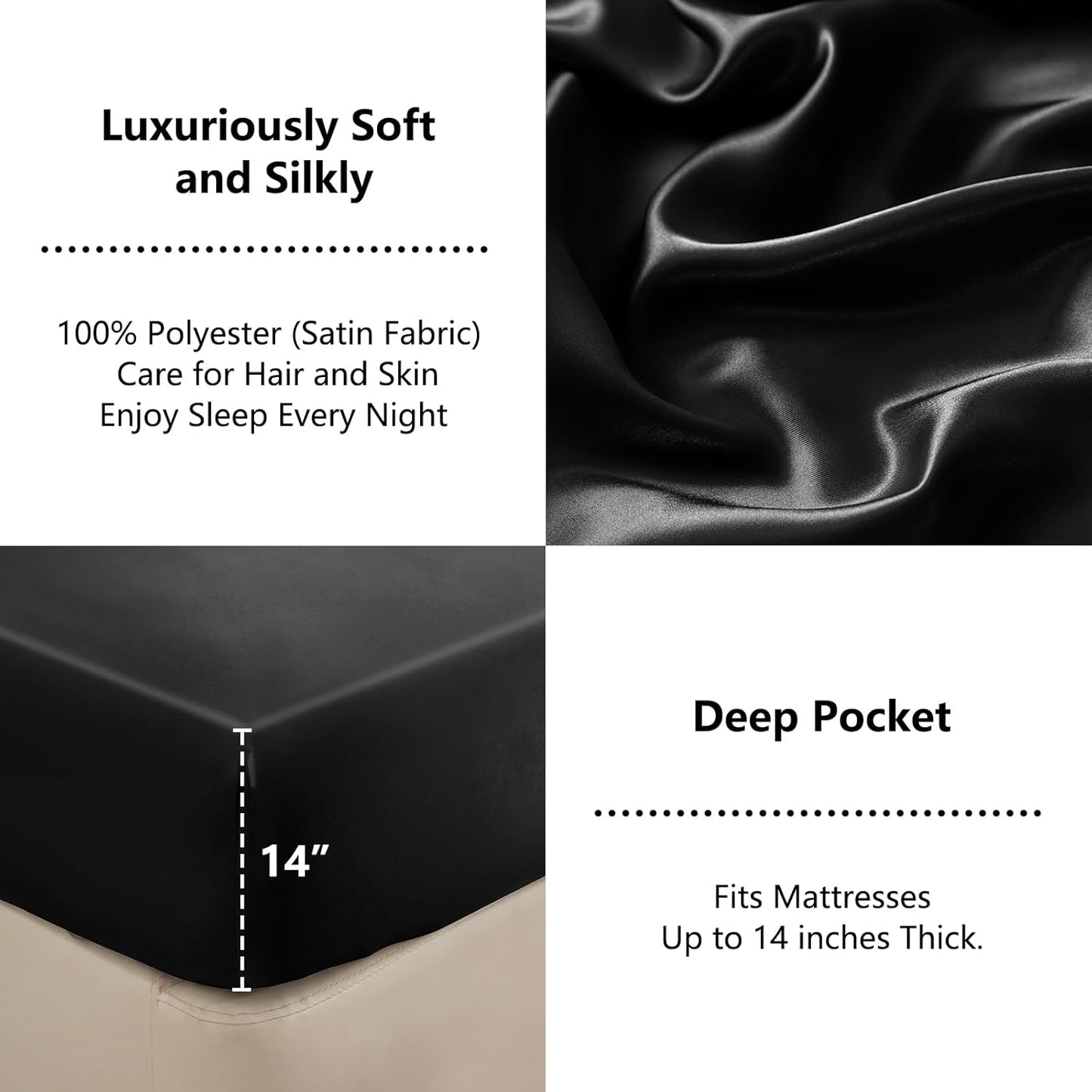 Satin Fitted Sheet Queen Size, Black Silky Satin Bed Fitted Sheet Only with Microfiber, Deep Pocket, Single Bottom Sheet Sold Separately, Breathable, Smooth and Soft