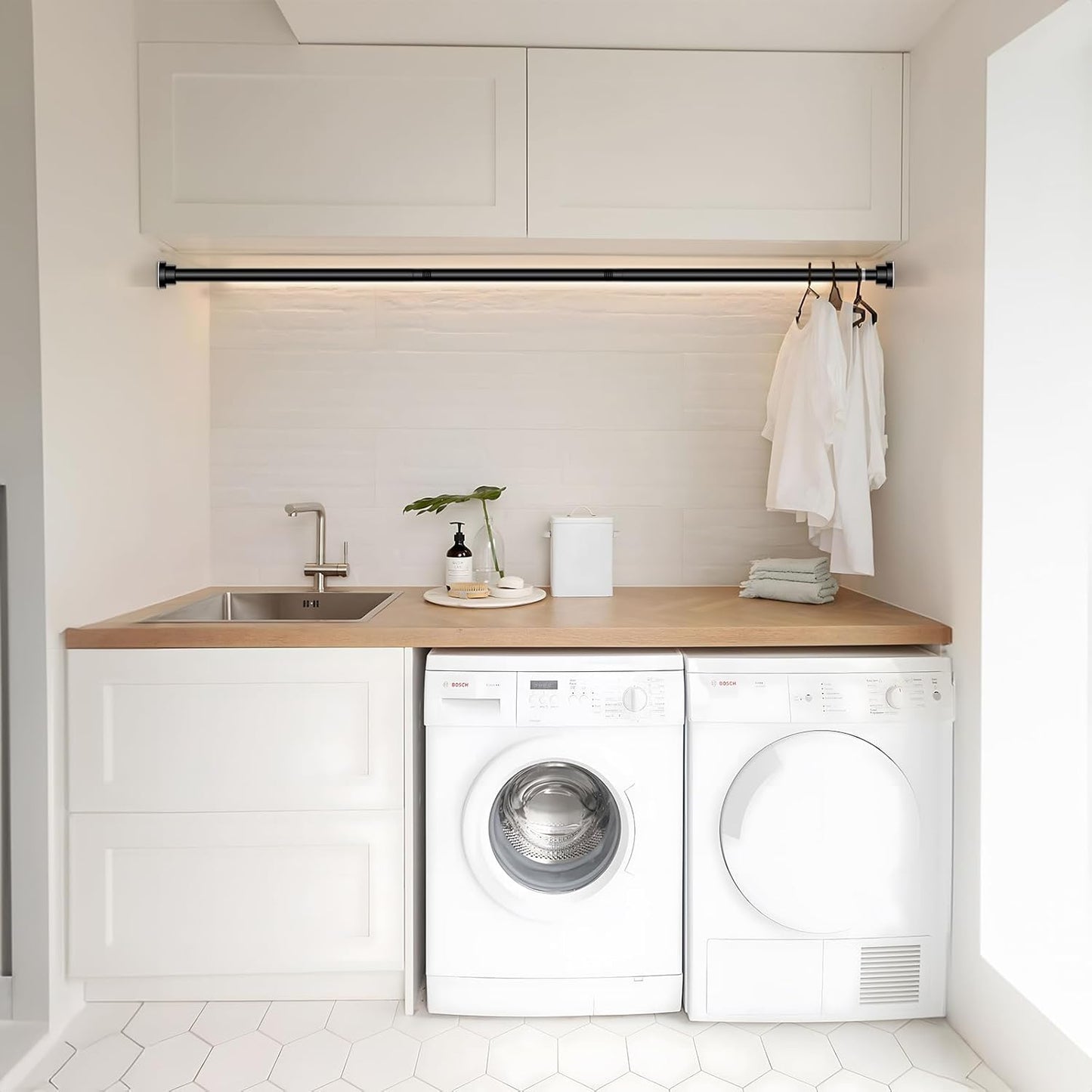 Black Spring Tension Curtain Rod No Drilling 30-63Inch 1Pcs,Non-Slip Adjustable Tension Rod,Tension Rods for Windows Non-Rust,Spring Curtain Tension Rod Extendable Window Tension Rod