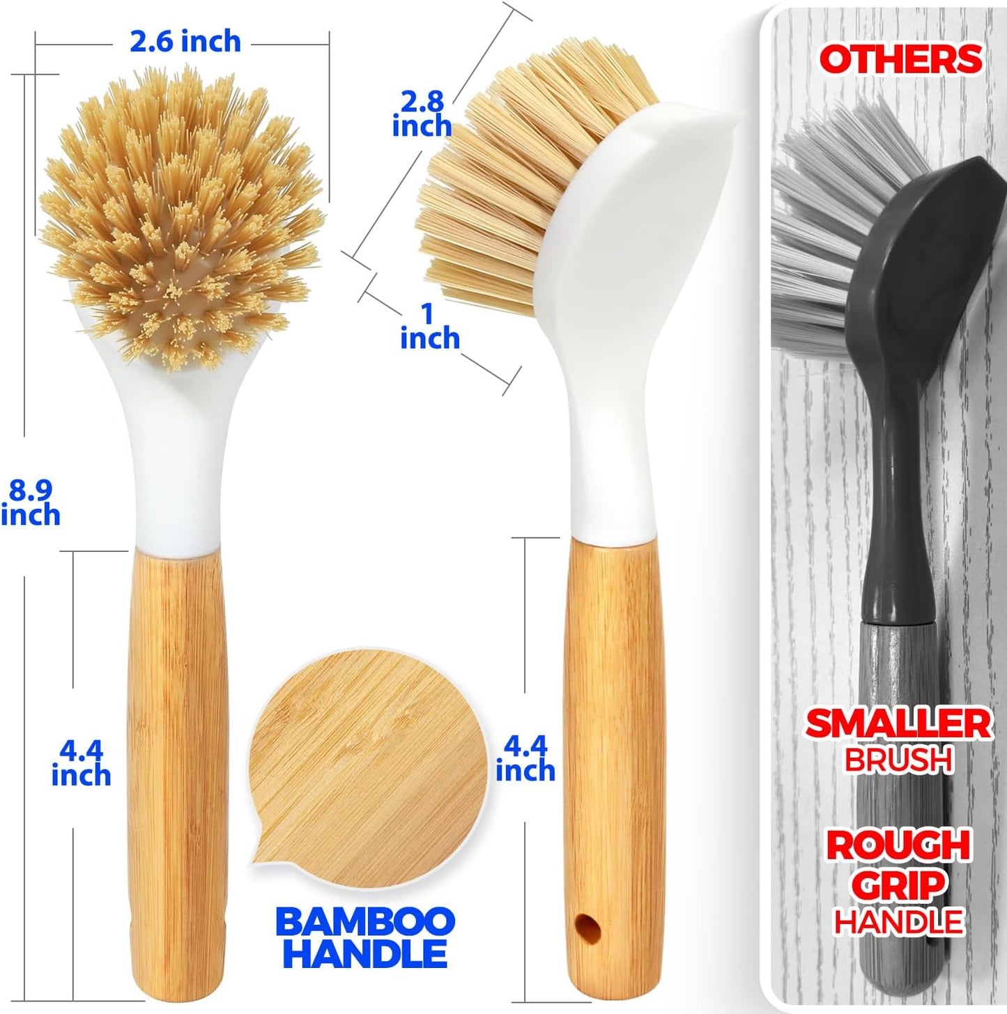 3 Pack Dish Brush Set with Bamboo Handle, Kitchen Brushes for Cleaning Pot, Sink and Stove, Skillet Scrubber with Tough Bristles for Cast Iron Grill Pan, Yellow White Black