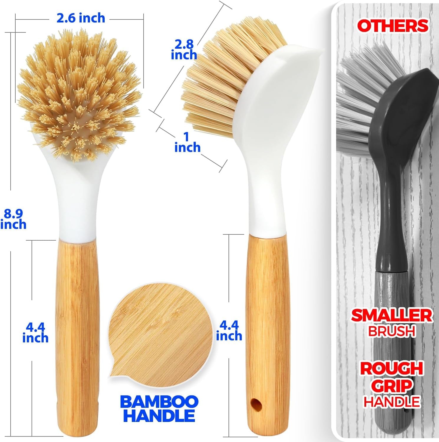 3 Pack Dish Brush Set with Bamboo Handle, Kitchen Brushes for Cleaning Pot, Sink and Stove, Skillet Scrubber with Tough Bristles for Cast Iron Grill Pan, Yellow White Black