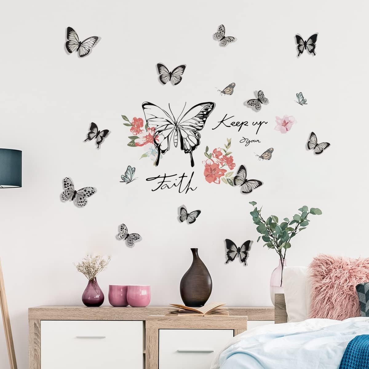 Butterfly Wall Decor Flower Vinyl Peel and Stick Big Wall Art Stickers Posters Decorations for Living Room Bedroom