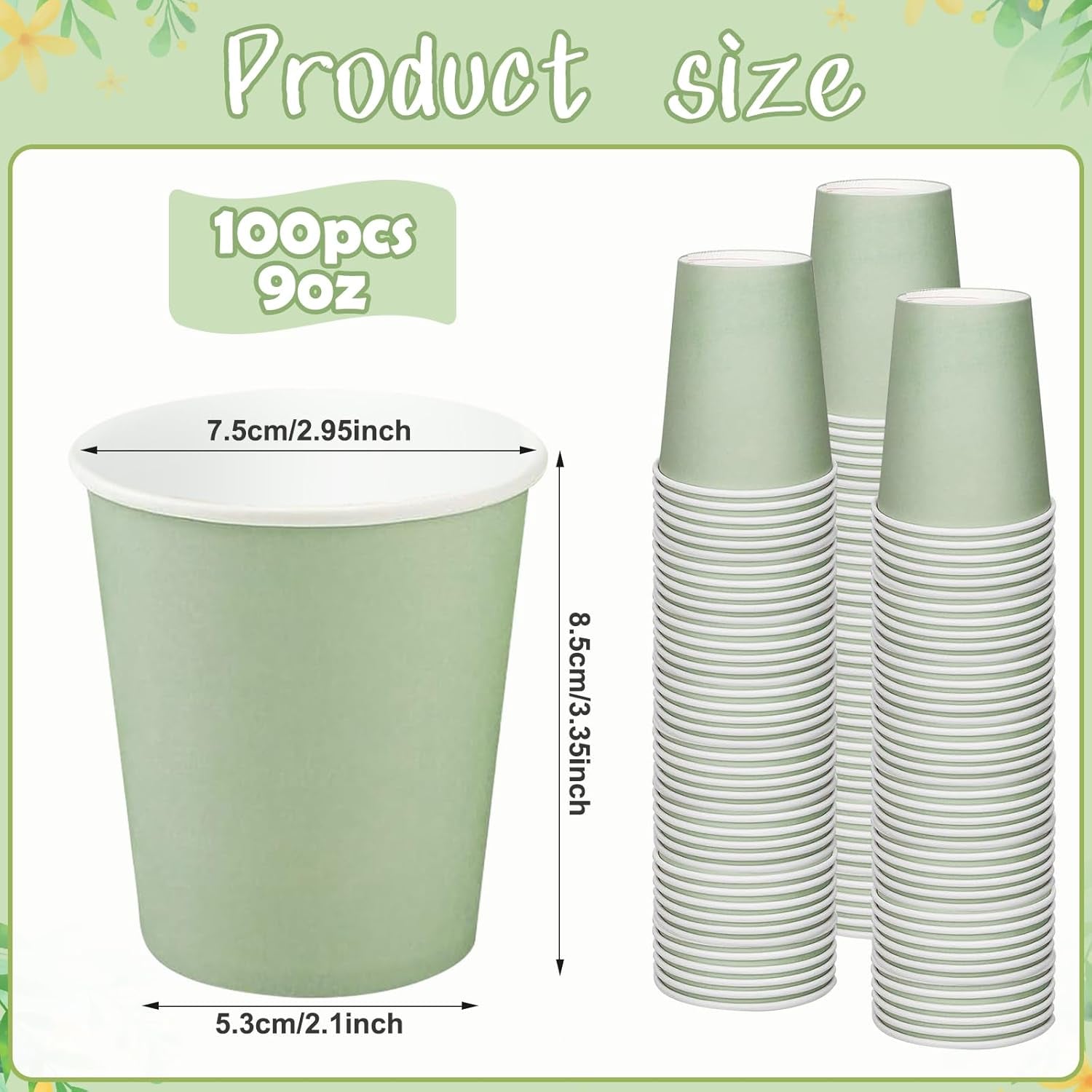 100Pcs 9Oz Sage Green Paper Cups,Disposable Coffee Paper Cup,Green Party Cups Beverage Drinking to Go Cups for Birthday Bridal Shower Wedding Easter St Patricks Baby Shower Party Supplies