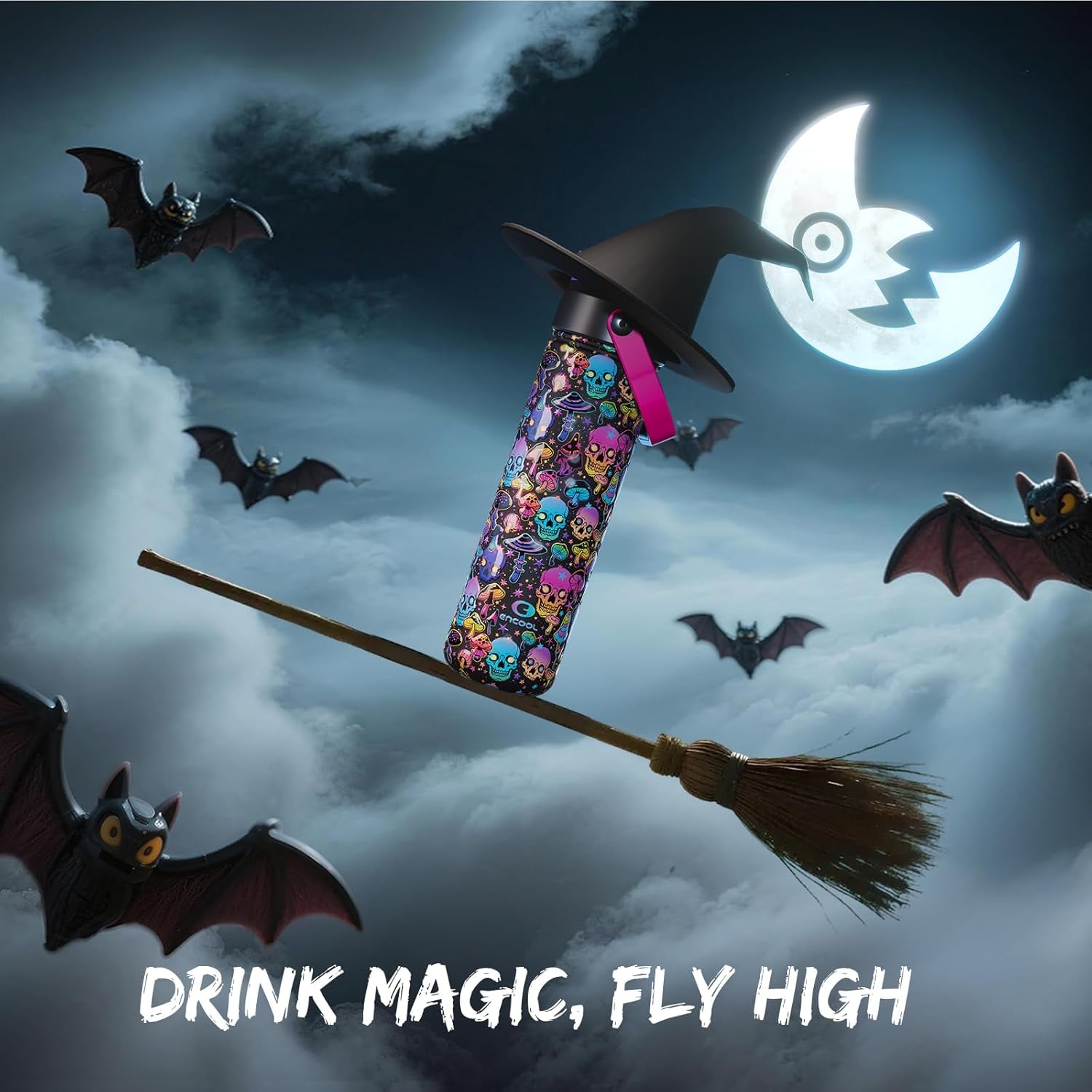 Halloween Insulated Water Bottle with Straw, Stainless Steel Water Bottle, Leak Proof Bpa-Free, Keeps Cold for 24 Hours for Sports, Skull Spooky Holiday Gifts (26 Oz, Trippy Skulls)