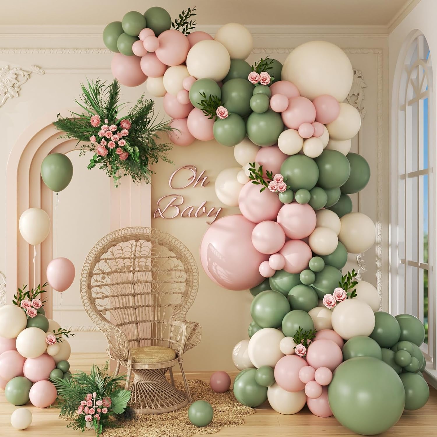 141Pcs Pink and Green Balloon Arch Garland Kit with Sage Green Pastel Pink Sand White Balloons for Birthday Bridal Shower Party Boho Baby in Bloom Baby Shower Decorations