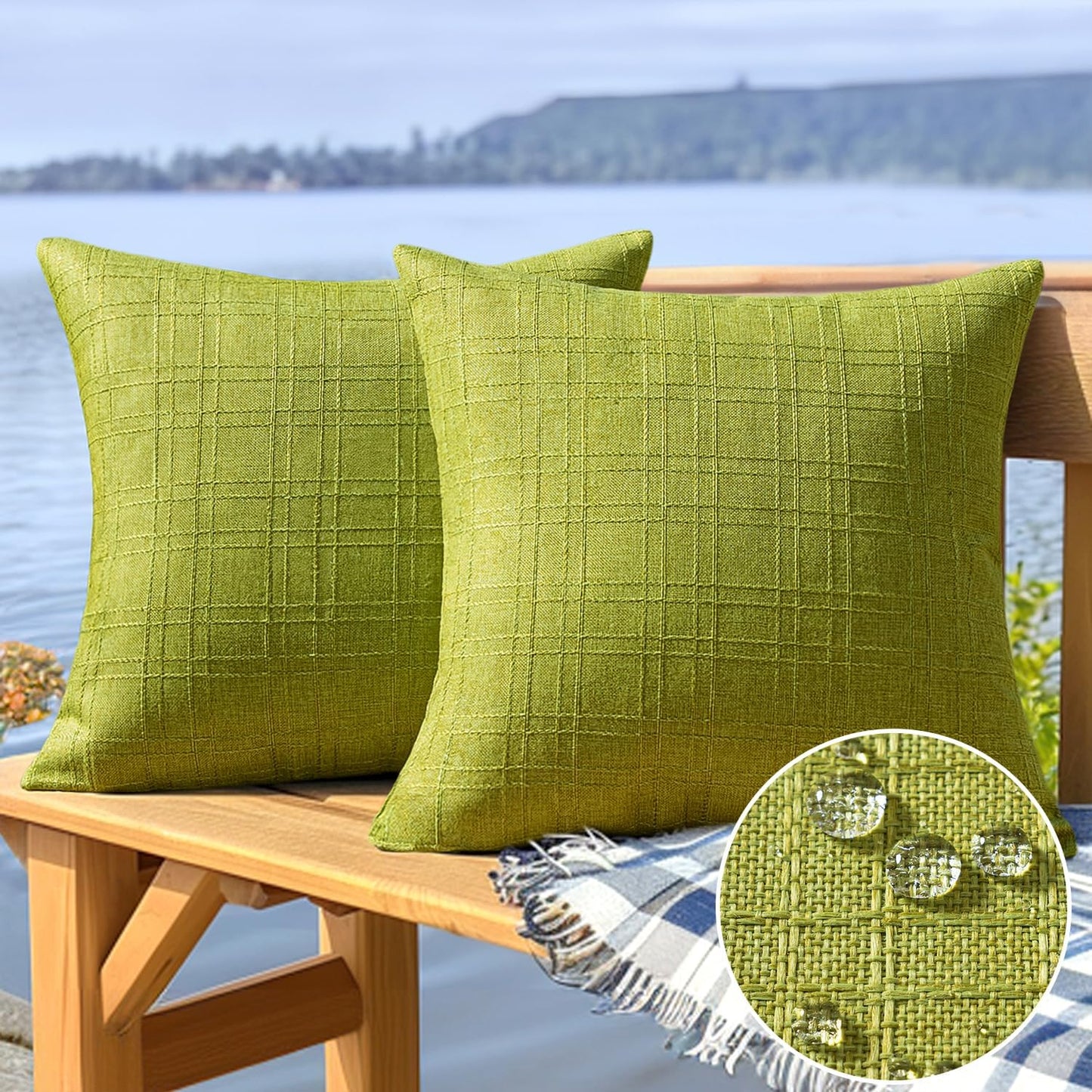 Outdoor Waterproof Throw Pillow Covers Decorative Farmhouse Water Resistant Cushion Covers for Tent Patio Garden Couch Sofa Pack of 2, 18X18 Inch Green