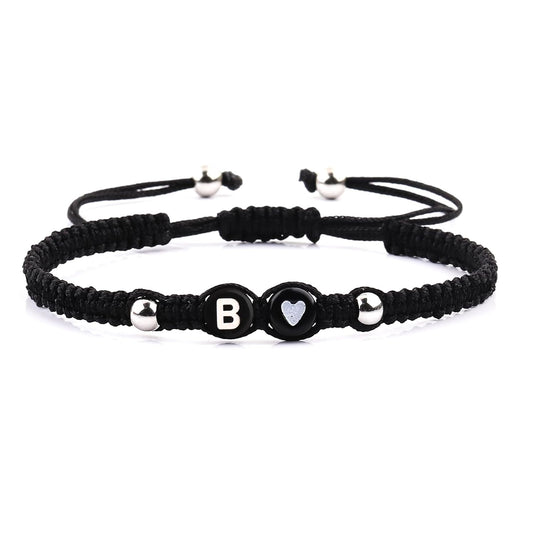 Black Rope Initial Bracelet for Men Women, 6Mm Beads 26 Letters A-Z Alphabet Handmade Adjustable Weaving Beadsbracelet for Couples Friends Mom Dad, Christmas Birthday Jewelry Gifts