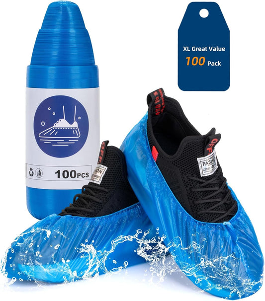 Shoe Covers Disposable Non-Slip, Waterproof Boot Covers with Compact Roll for Easy Storage, 100 Pack Plastic Shoe Covers for Indoor Use, Home Cleaning,Visting, One Size Fits Most