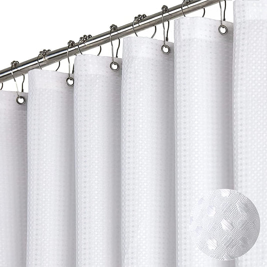 White Fabric Shower Curtain, Waffle Weave Heavy Duty Hotel Luxury Cloth Shower Curtains for Bathroom, 72 Inch 256GSM Weighted Bath Curtain Set with 12 Plastic Hooks,72X72