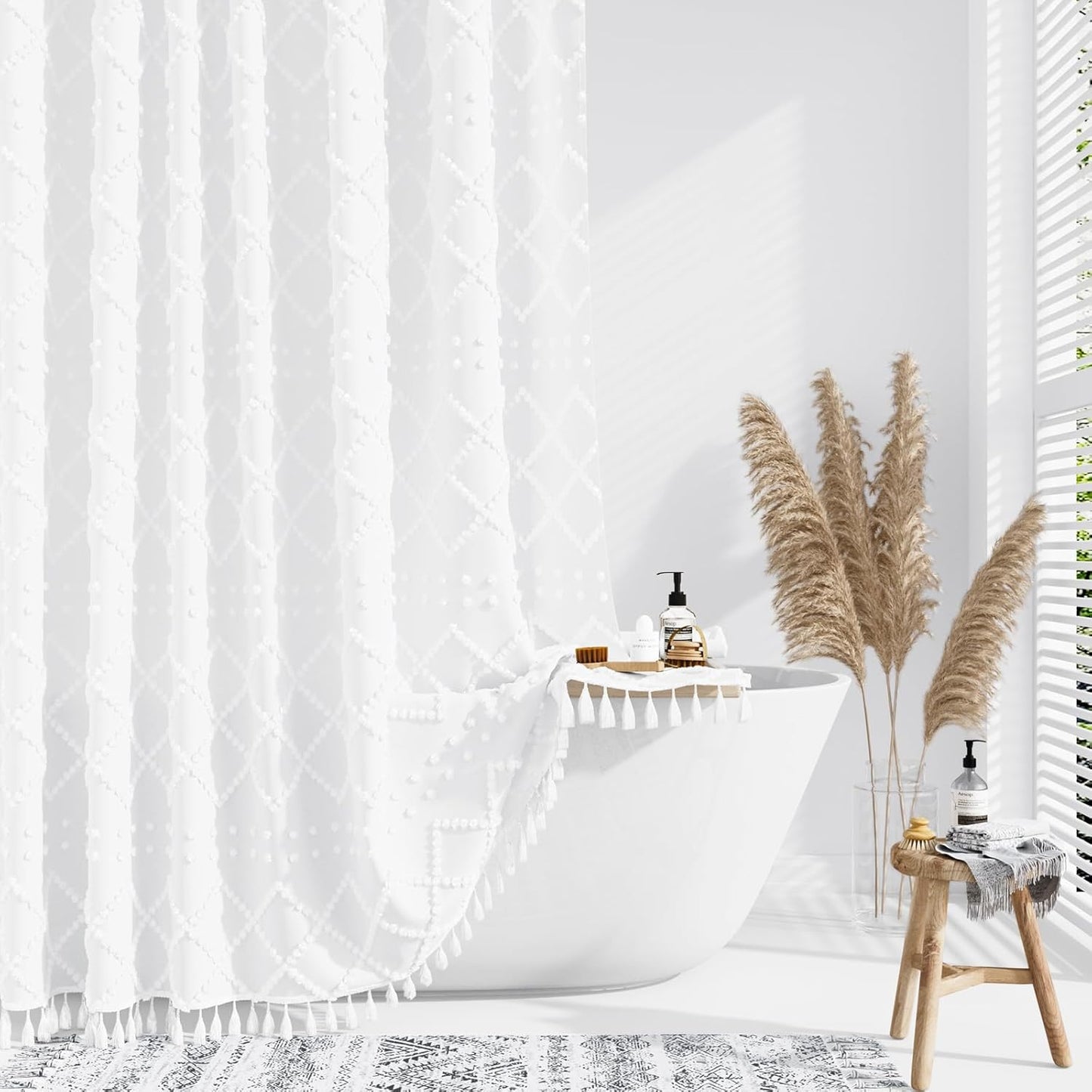 White Fabric Shower Curtain, Boho Tufted Geometric Striped Tassel Shower Curtain for Bathroom, Shabby Chic Textured Modern Farmhouse Waterproof Cloth Shower Curtain Set, Wrinkle Free, 72X72