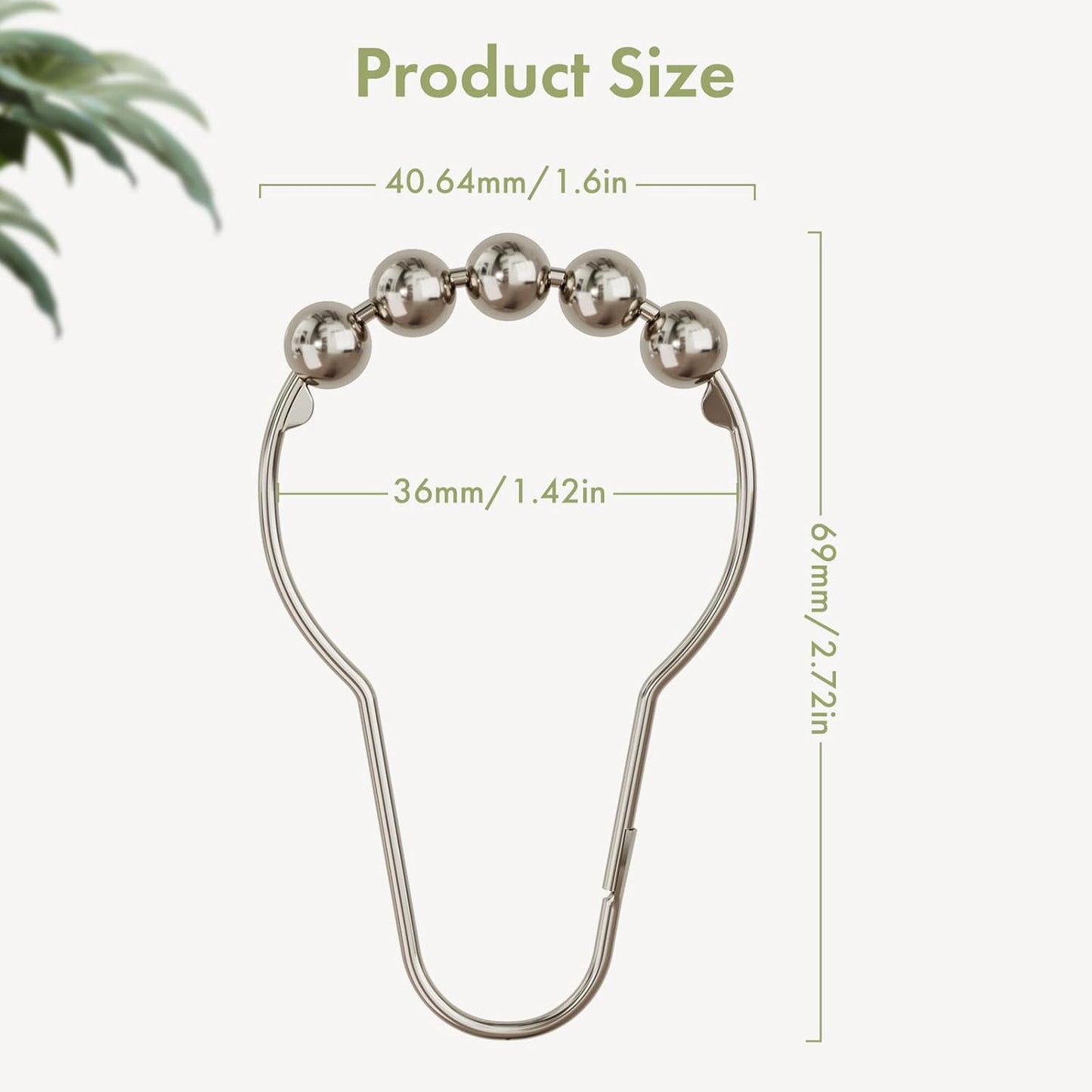 Shower Curtain Hooks, Decorative Rust Proof Stainless Steel Shower Curtain Hooks for Bathroom Shower Rods Set of 12, Polished Nickel