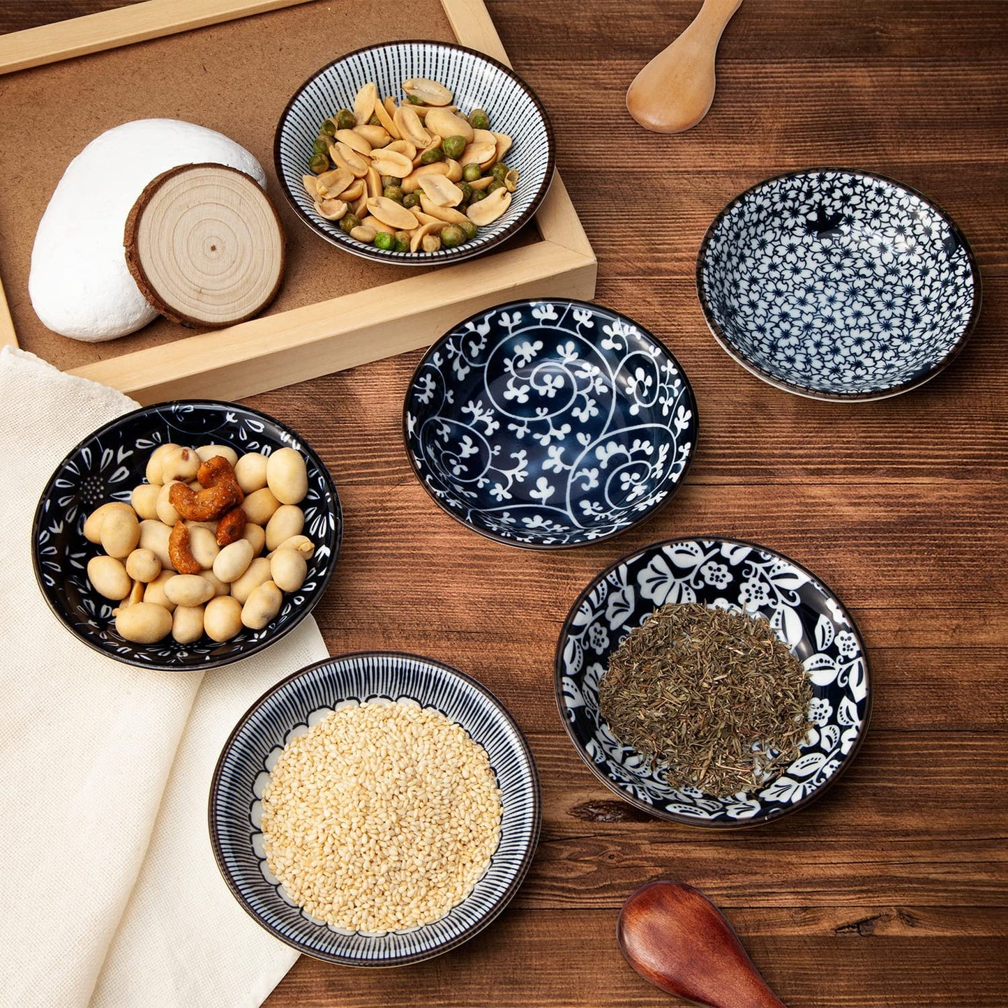 Dipping Bowls, Soy Sauce Dish Ceramic, 3 OZ Small Serving Bowls for Side Dishes Vintage Blue Stylish Design, Set of 6 Mini Appetizer Plates for Condiment Sushi Ketchup BBQ Party, 4 Inch