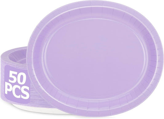 50 Count Oval Paper Plates, 12.2'' X 10.2'' Large Lavender Disposable Plates for Daily Dinner, Wedding, Birthday, Party, Picnic, Baby Shower, Barbecue
