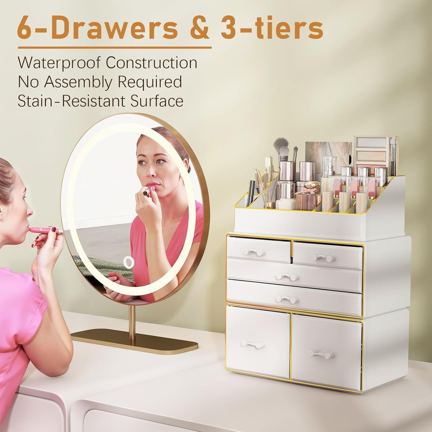 3-Tier 6-Drawer Makeup Organizer Countertop | Cosmetic Organizer for Dresser and Vanity | Bathroom Organizers and Storage for Lipstick Brush Skincare Perfume, Nail Polish(White with Gold Edges)
