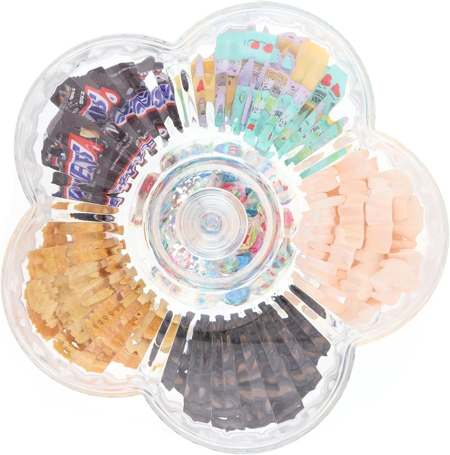 Creative Acrylic Multifunctional Party Snack Tray with Lid,Serving Dishes for Dried Fruits Nuts Candies Fruits,6-Compartment (Clear Flower)