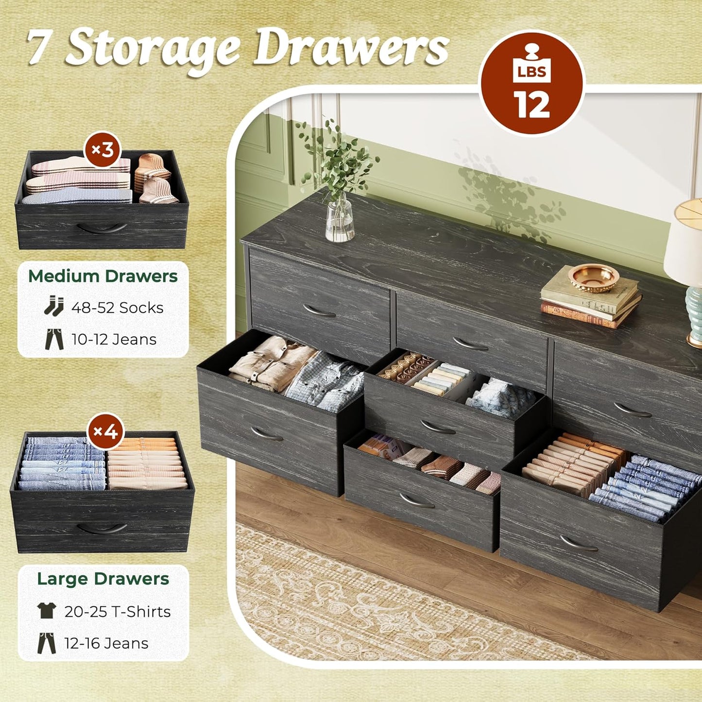 Elegant Charcoal Black Wood Grain Dresser and TV Stand Combo with 7 Drawers, Suitable for 43 to 60 Inch TVs