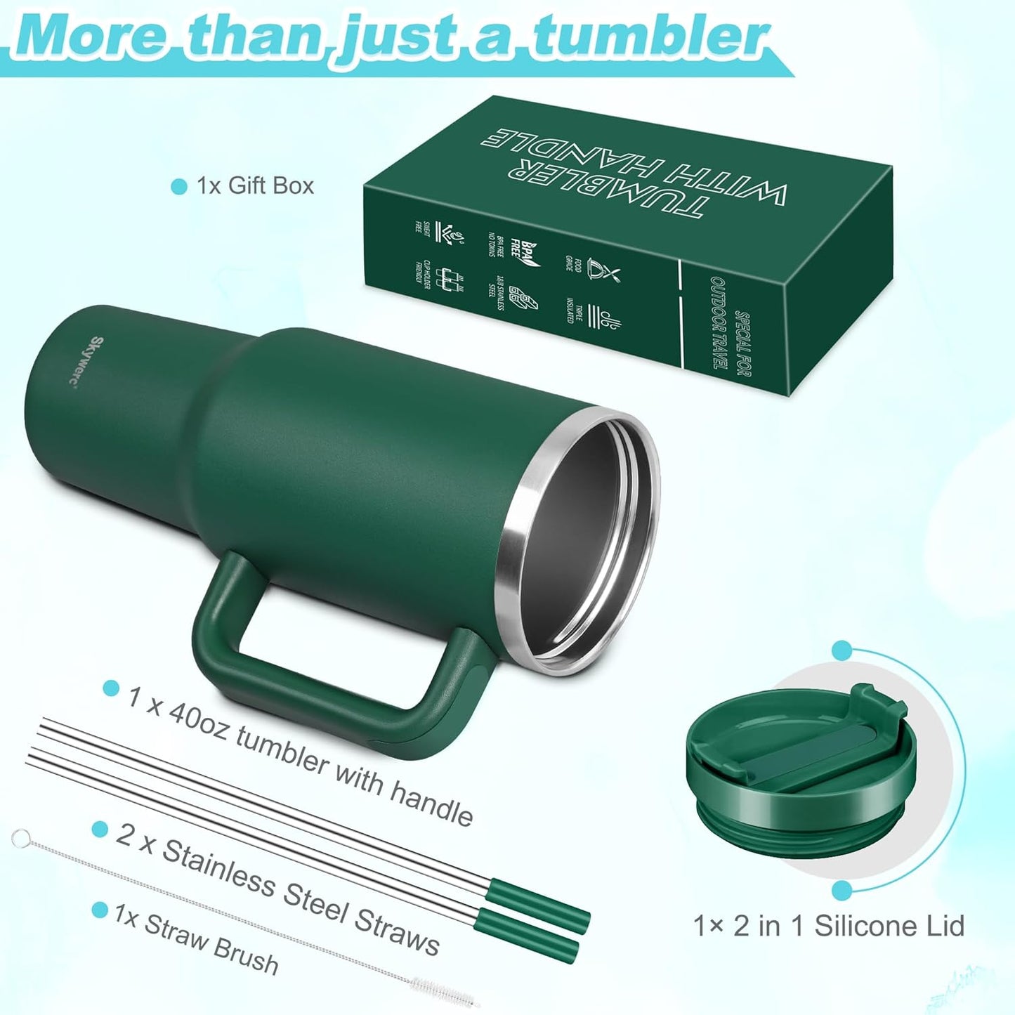40 Oz Tumbler with Handle and Straw, 2 in 1 Lid, Vacuum Insulated Stainless Steel Double Wall Water Bottle Travel Mug - Holiday Gifts for Women Men - Dark Green