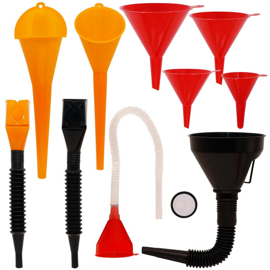 Funnels for Automotive Use Set of 10, Plastic Oil Funnel Set for Gasoline and Coolant, Fuel Funnel with Flexible Hose for Car, Large Funnels for Gas Transfer