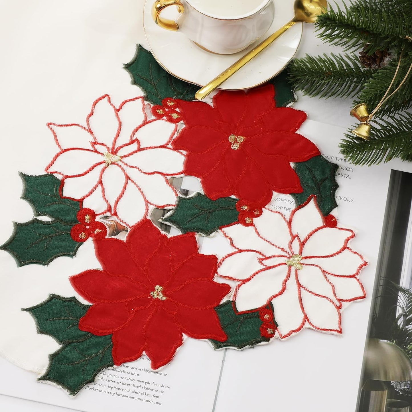 Christmas White Table Runner 13X70 Inches Long, Embroidered Red Poinsettia Flower Christmas Runner for Table, Xmas Dresser Scarves Holiday Parties Kitchen Farmhouse Dinner Decor