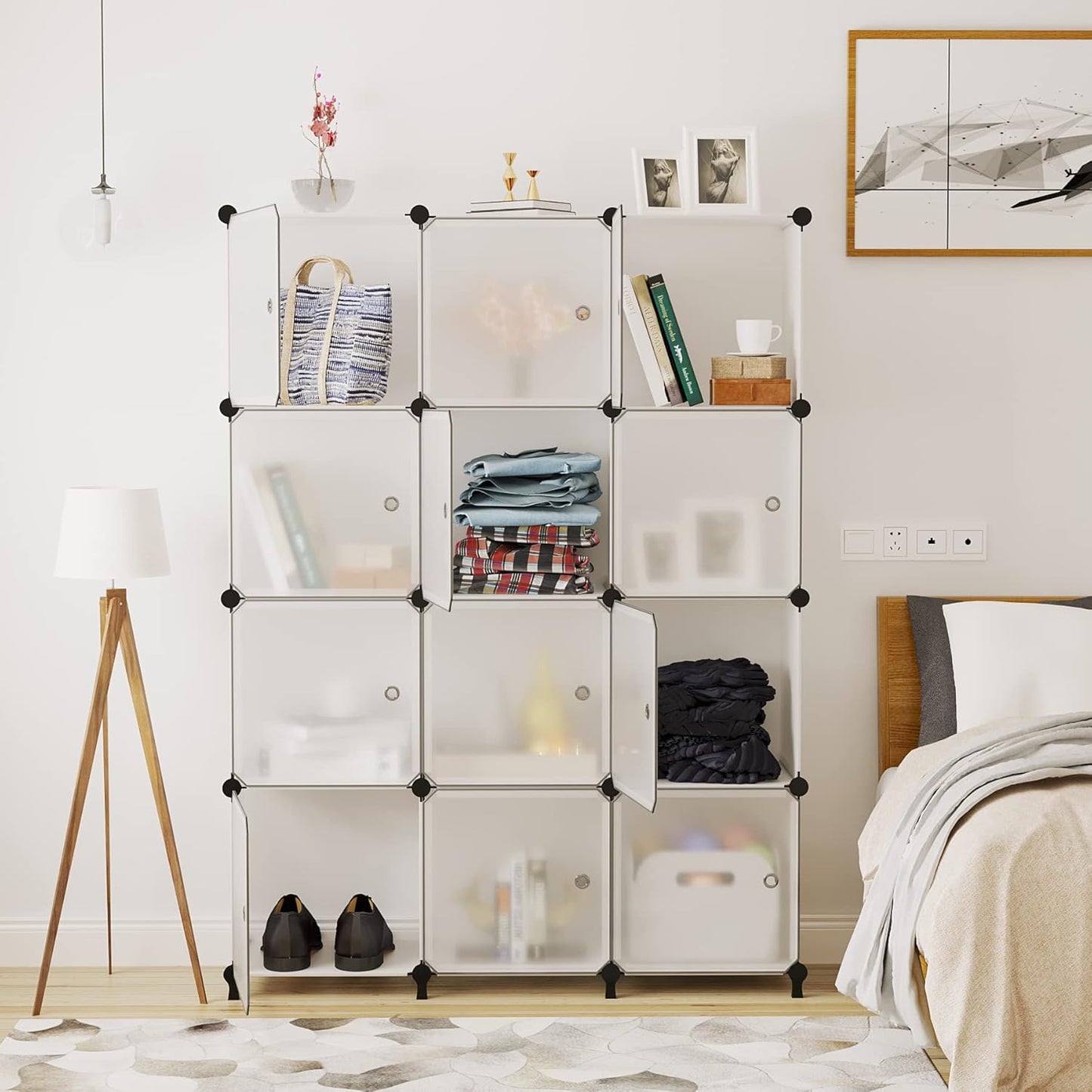 12 Cube Storage Organizer with Doors, DIY Plastic Closet Shelf, Modular Bookshelf, Stackable Shelving Rack for Bedroom, Living Room, Translucent ULPZ011