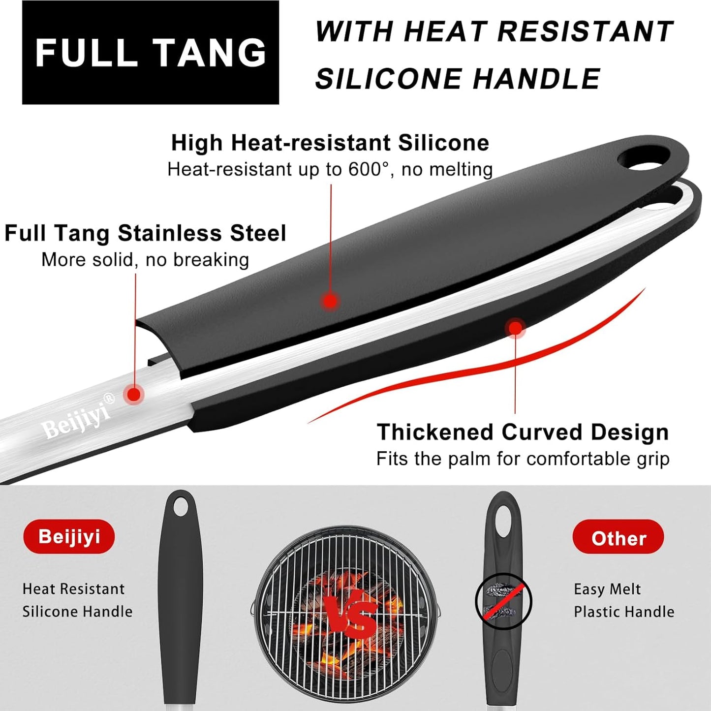 Stainless Steel BBQ Grill Tools Set, BBQ Grill Accessories for Outdoor Grill with Metal Spatula, Fork, and Tongs, Grilling Tools with Full Tang Silicone Handle, Barbecue Grill Cooking Utensils
