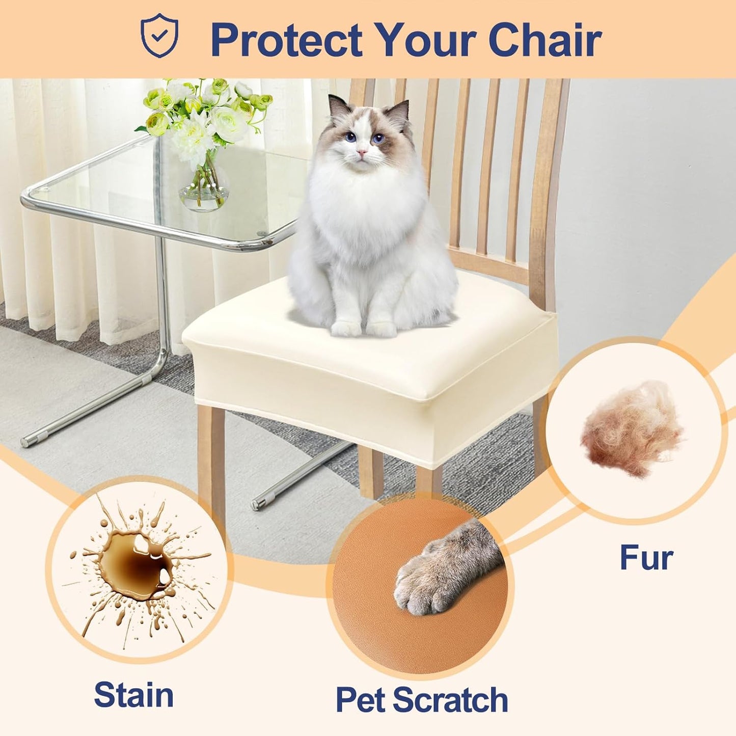 Waterproof Seat Covers for Chairs Set of 2, Stretch Pu Leather Removable Washable Dining Room Chair Seat Slipcovers Protector, No Rear Covers, Beige