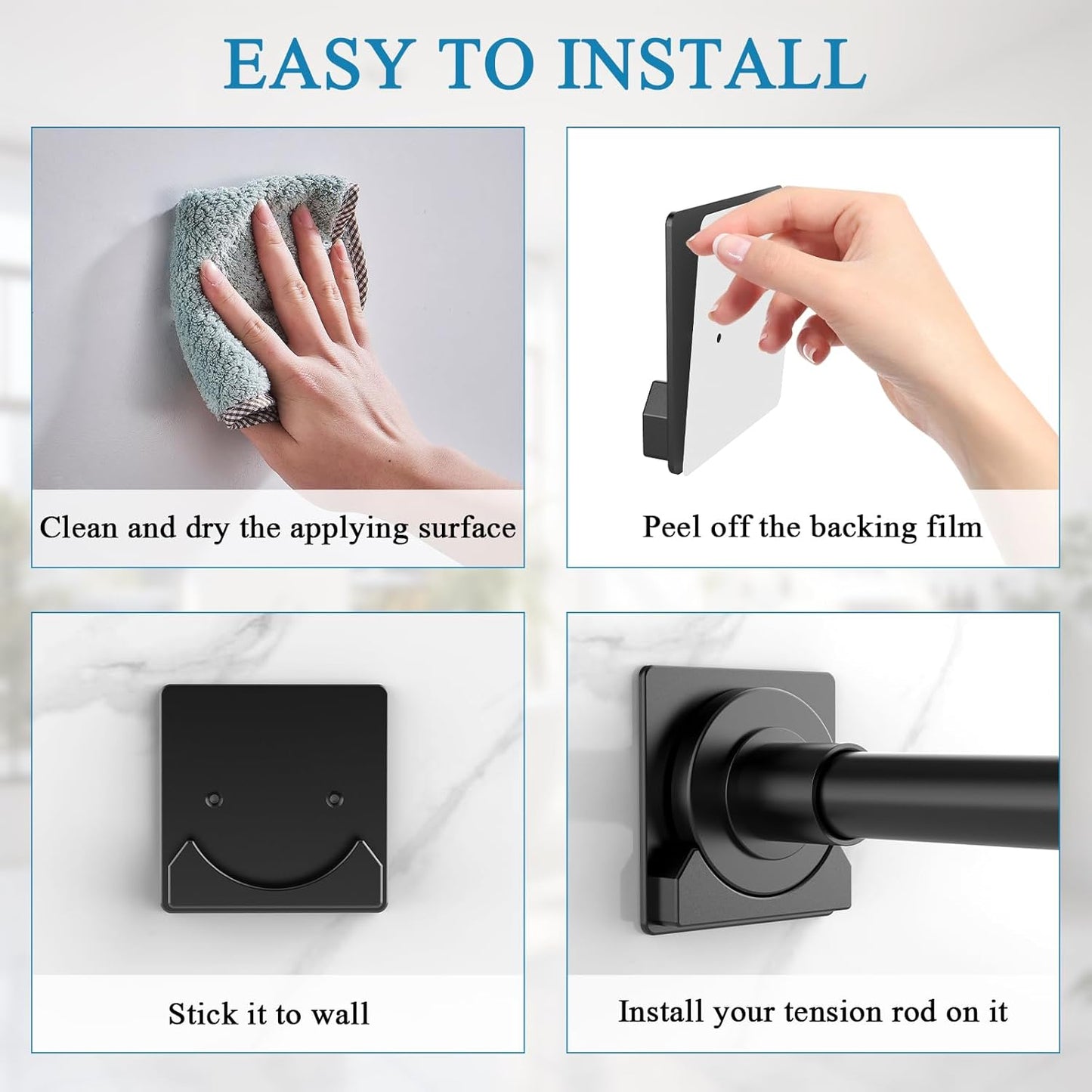 2 Pack Black Shower Curtain Rod Holders,Tension Curtain Rod Bracket No Drilling, Adhesive Shower Rod Holders| Shower Curtain Rod Not Included