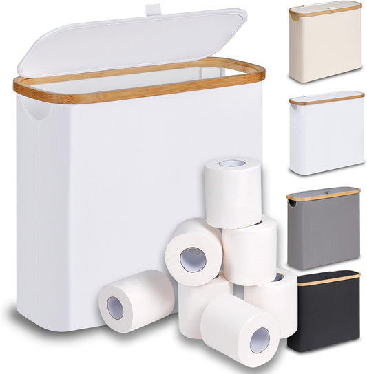 Toilet Paper Basket 28L, Toilet Paper Holder with Lid for Bathroom, Free Standing Storage Organizer Holds up to 9-12 Rolls (White, 1)