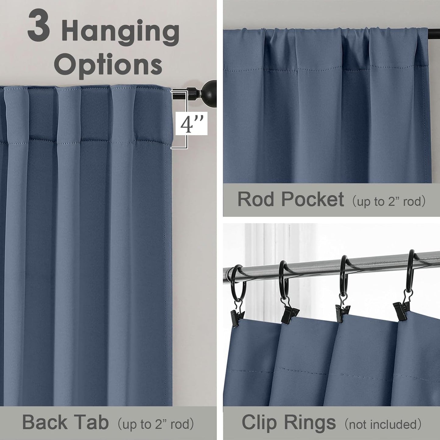 Denim Blue Blackout Curtains 36 Inches Long 2 Panels, Solid Thermal Insulated Half Window Curtains for Kitchen Bathroom, Modern Rod Pocket Back Tab Short Window Treatments, 40Wx36L