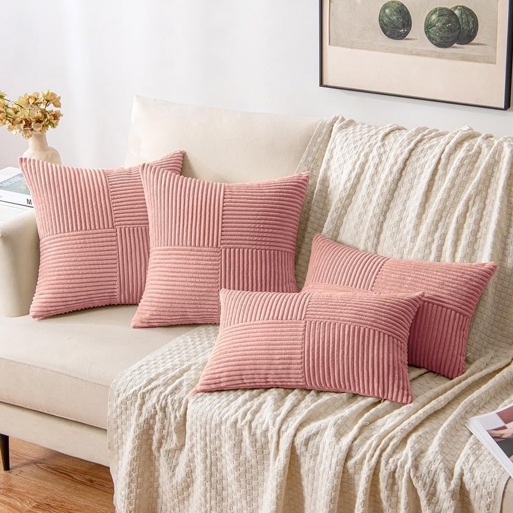Blush Pink Corduroy Pillow Covers Pack of 2 Boho Decorative Spliced Throw Pillow Covers Soft Solid Couch Pillowcases Patchwork Cushion Covers for Living Room Bed Sofa 18X18 Inch Valentines Day