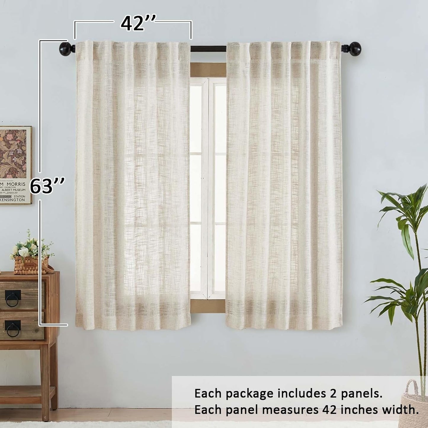 Natural Linen Curtains for Bedroom Living Room 63 Inch Length 2 Panels Set, Thick Textured Burlap Linen Blend Light Filtering Boho Farmhouse Dining Room Curtains, Natural, Each 42" W X 63" L