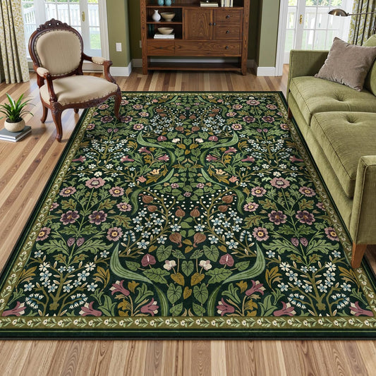 Floral 5X7 Washable Living Room Rugs, Green Area Rugs for Bedroom Rubber Backed, Botanical Thin Stain-Resistant Carpet for Dining Room, Guestroom, Kids Room