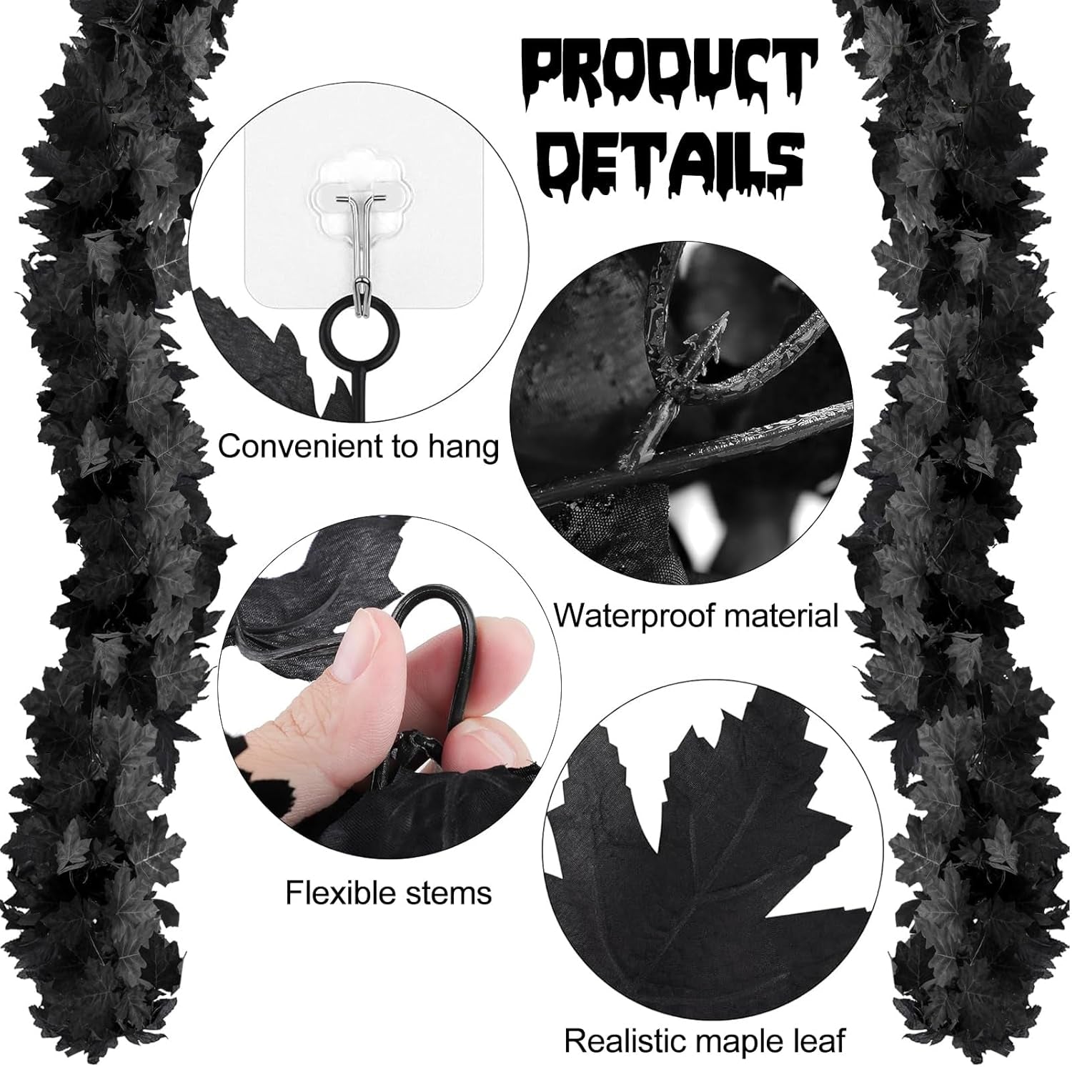 2 Pack Halloween Garland, 5.7FT Black Leaf Garland for Mantle, Artificial Hanging Black Maple Leaves Vines, Spooky Halloween Outdoor Floral, Haunted Mansion, Fireplace, Fall Decor