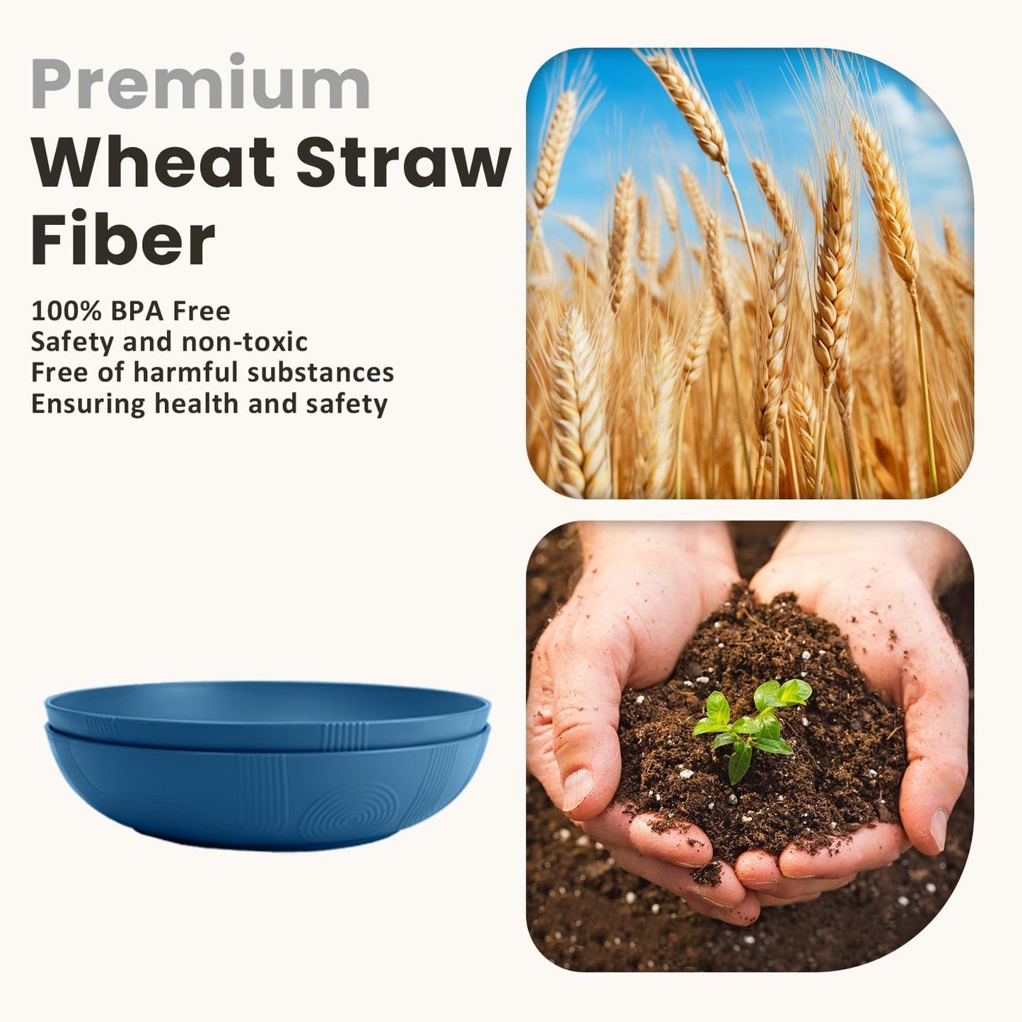 Wheat Straw Serving Bowls Set of 2 - 60 OZ Large Capacity, Microwave and Dishwasher Safe, Ideal for Kitchen, Camping, and Picnics (Blue)