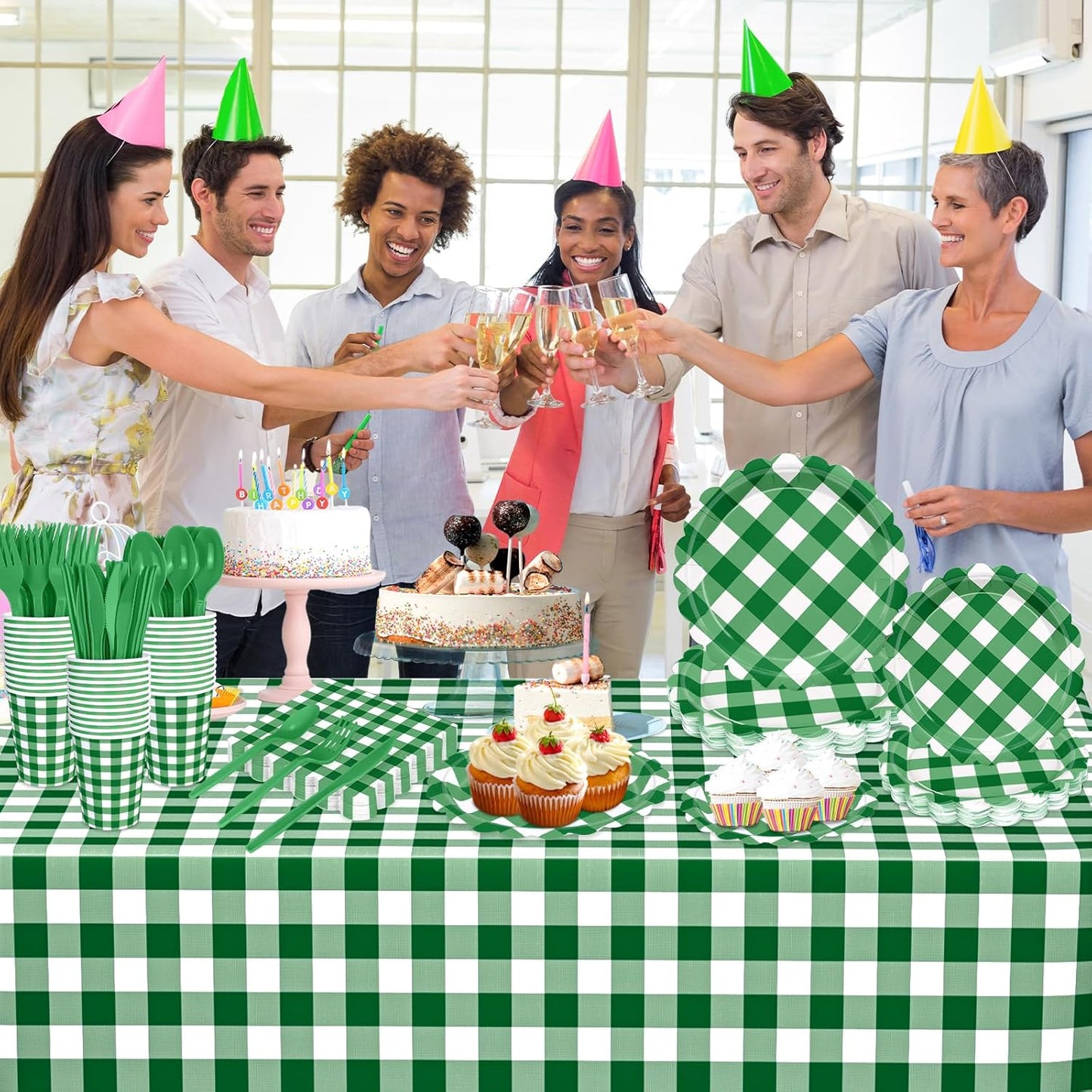 176 PCS Green Gingham Plates and Napkins, Green and White Checkered Disposable Plates Set with Napkins Cups Plastic Spoons Forks Knives for Dinner Birthday Picnic Golf Graduation Party Decorations