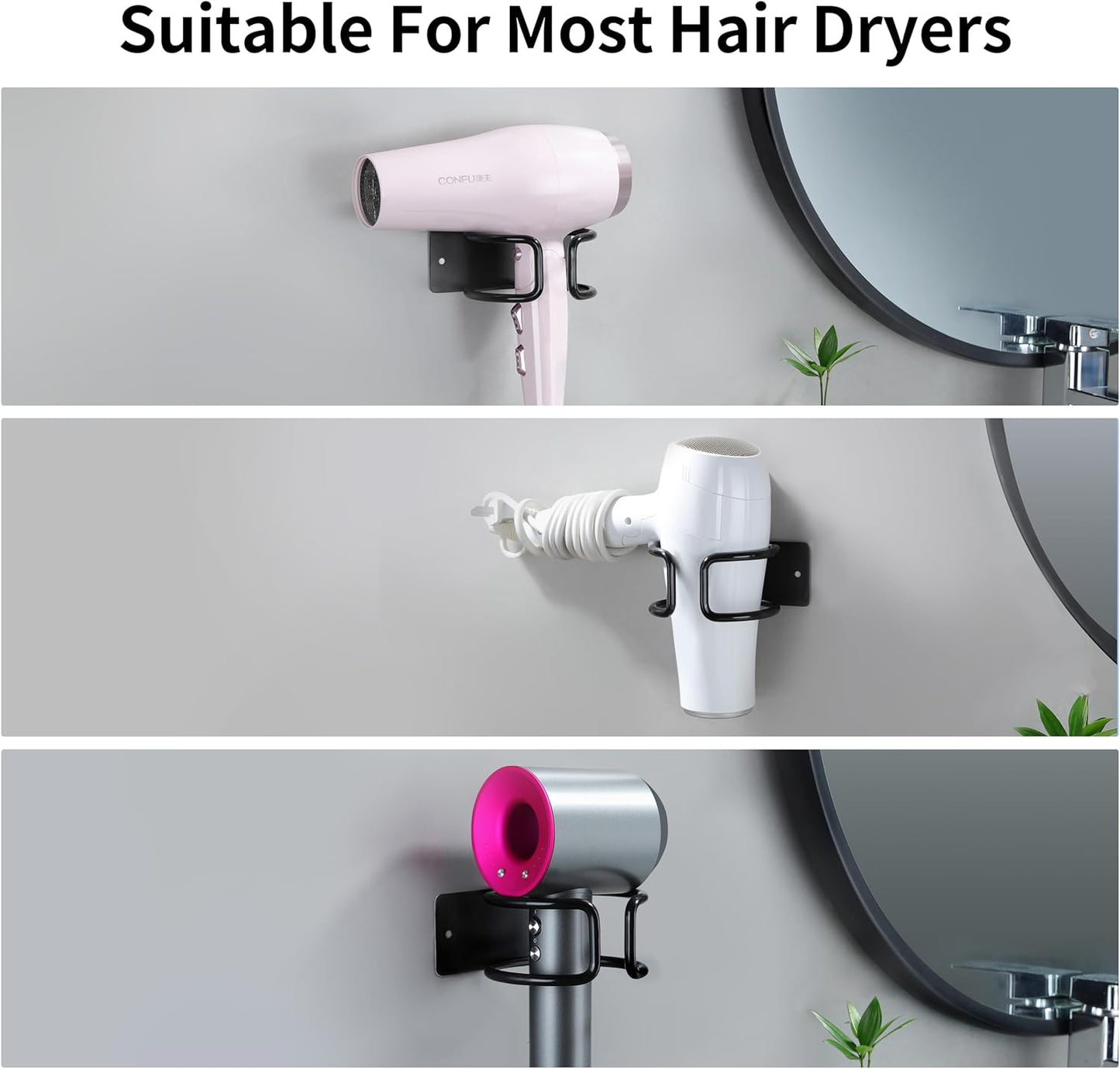 Wall-Mounted Universal Hair Dryer Holder, Self-Adhesive Stainless Steel Rack Compatible with Most Hair Dryers for Bathroom Cabinet (Black)