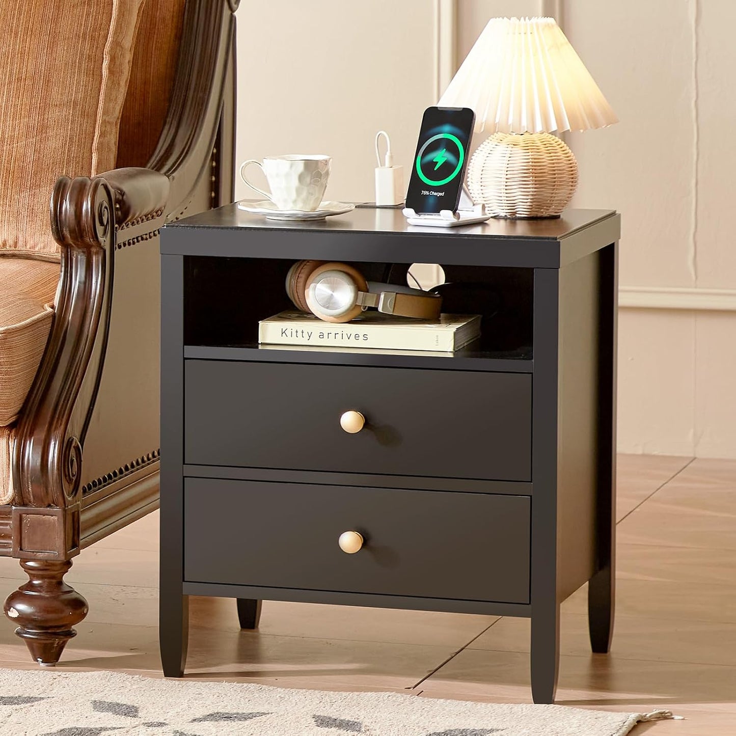Modern Black Nightstand with Charging Station and Two Drawers, Stylish Bedside Table with Storage Solutions and Metal Knobs