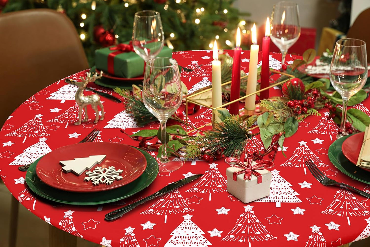 round Fabric Fitted Tablecloth, Elastic Waterproof Oil Proof Table Cloth, Washable Polyester Table Cover Fits 36"-44" round Tables for Outdoor Picnic Dinner, Christmas Tree