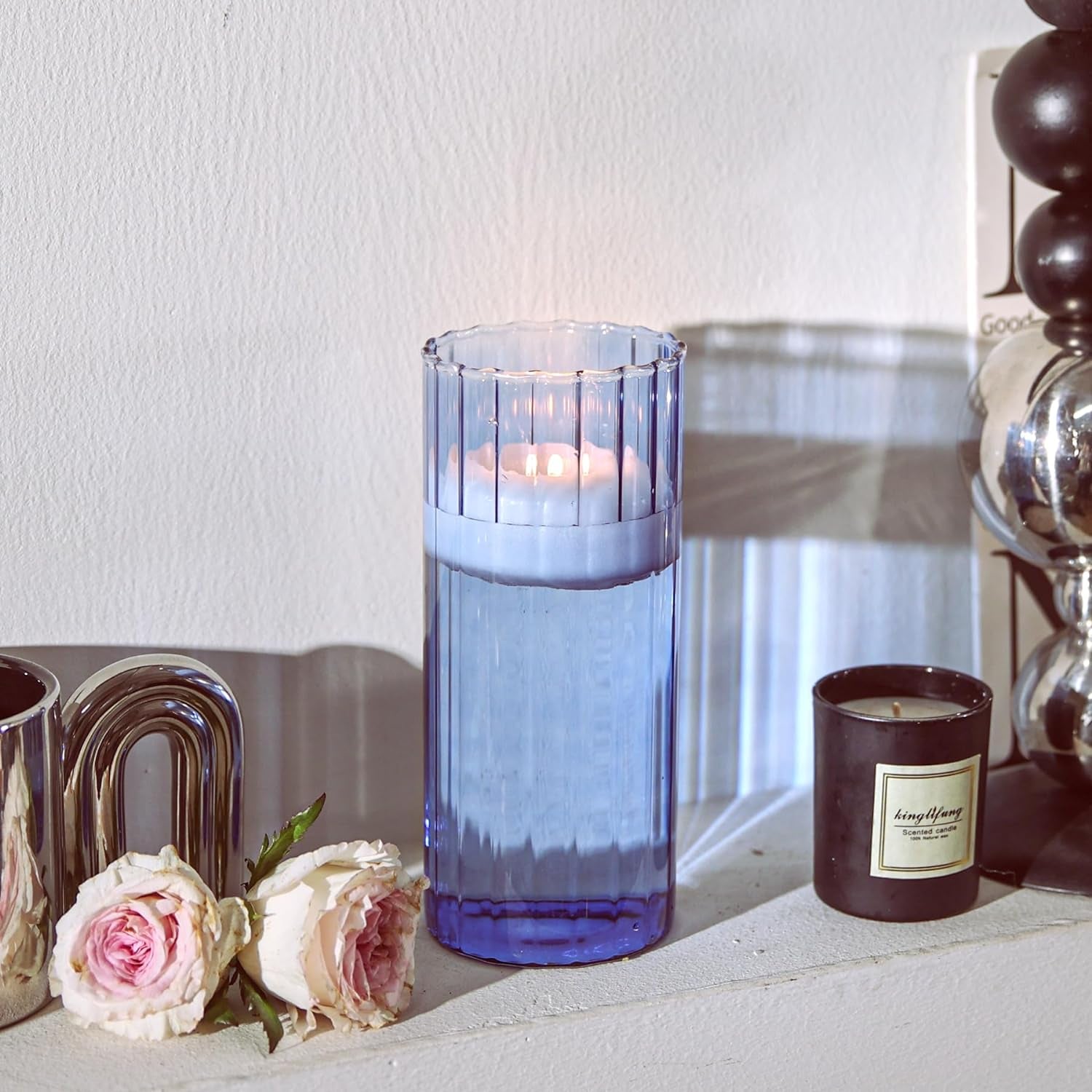 Glass Cylinder Vases, Bud Vase for Centerpieces, 8 Inch Tall Ribbed Vase Hurricane Floating Candle Holder, Decorative Flower Vases for Wedding Reception, Home Decor, Housewarming Gift (Blue)