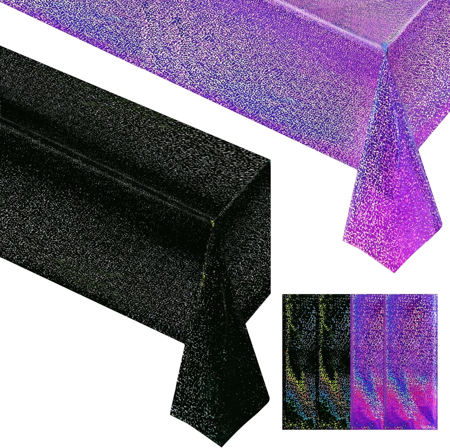 Set of 4 Black and Purple Holographic Tablecloths, 40" x 108" - Iridescent Plastic Table Decor for Birthday, Halloween, and Bachelorette Parties