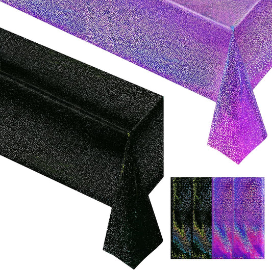 Set of 4 Black and Purple Holographic Tablecloths, 40" x 108" - Iridescent Plastic Table Decor for Birthday, Halloween, and Bachelorette Parties